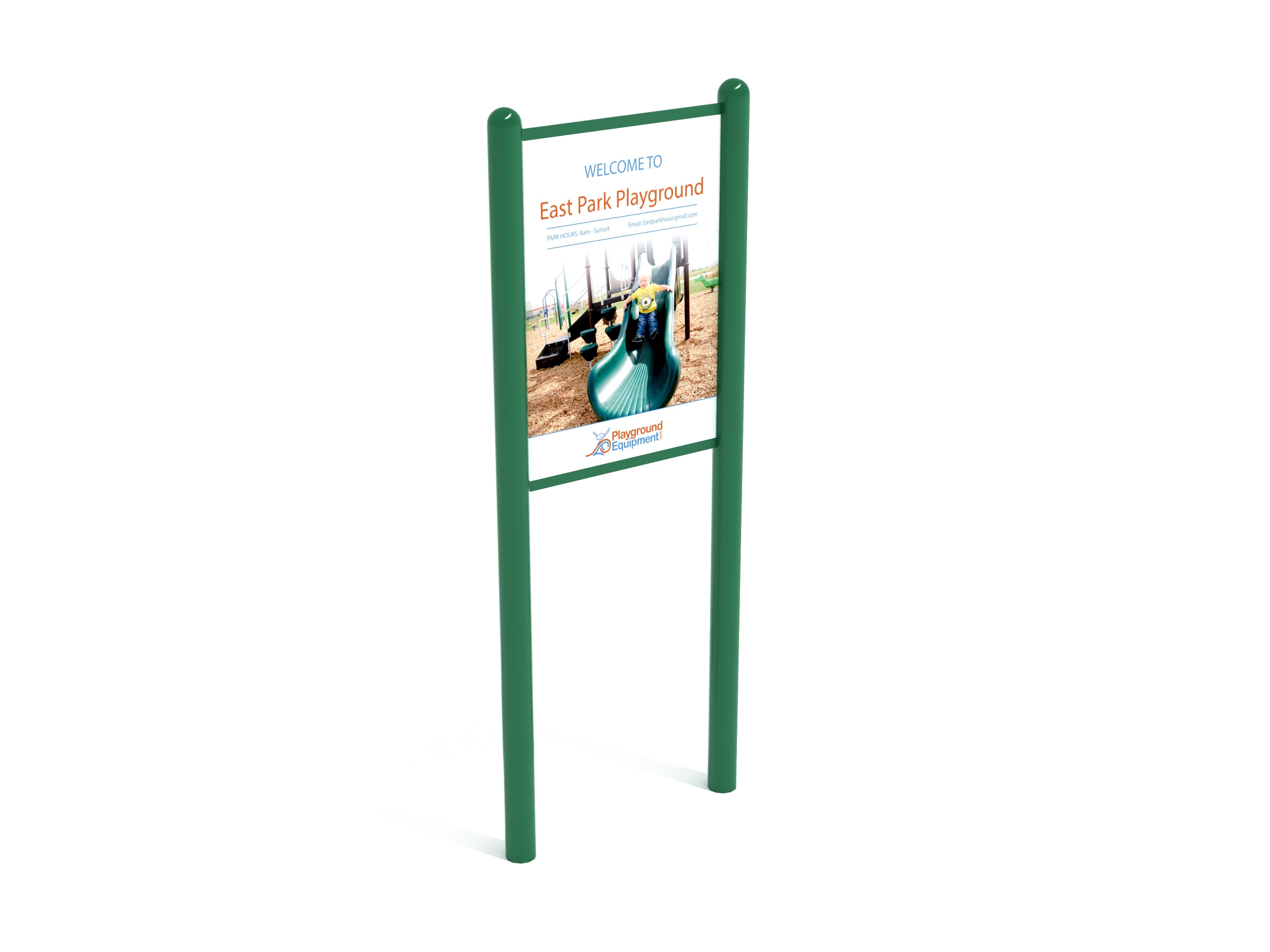 Green double-sided park sign with safety rules and welcome message, featuring a child on a slide in an outdoor playground setting