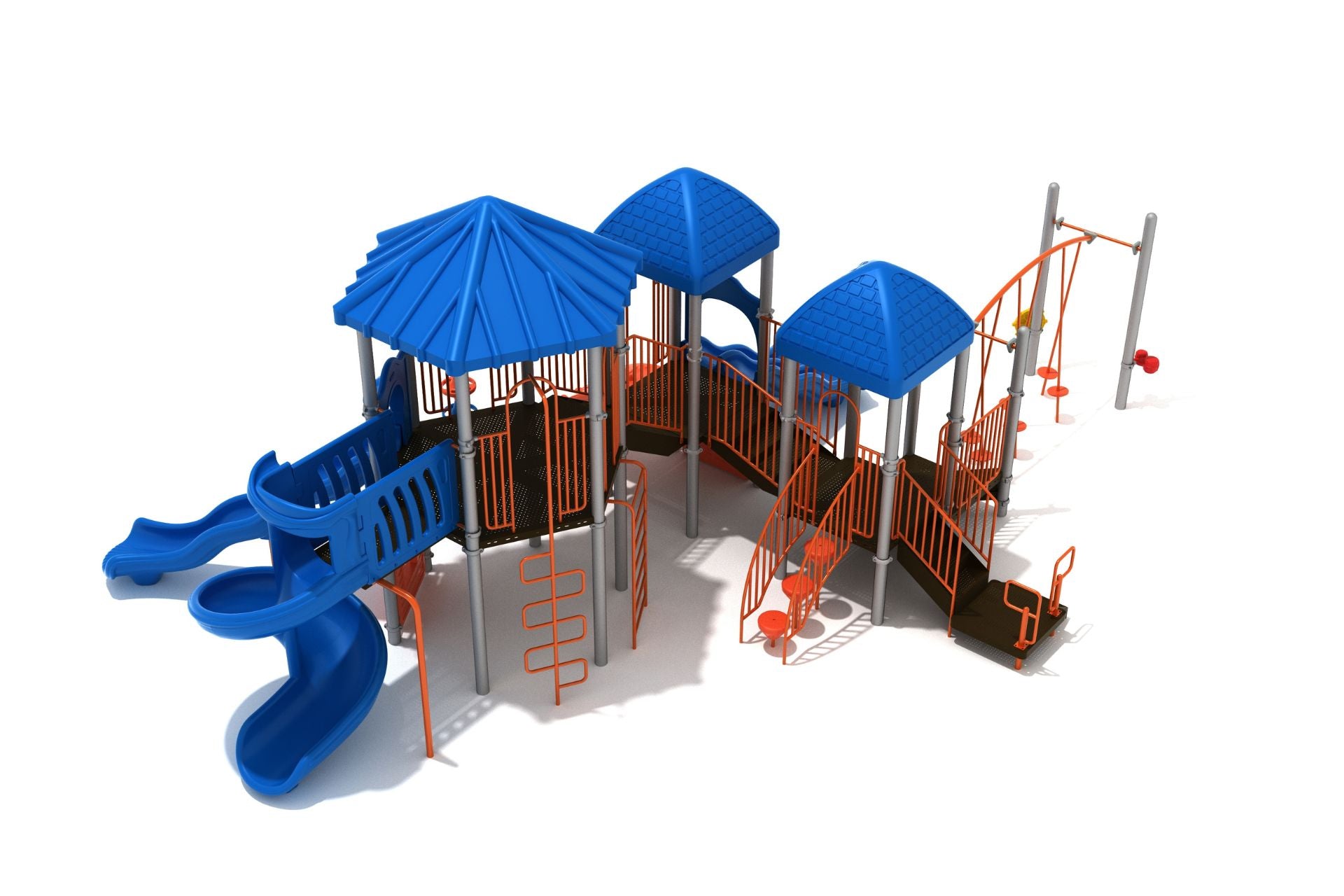 Elbert Playground large play system with blue roofs, orange railings, dual blue slides, climbers, and activity panels