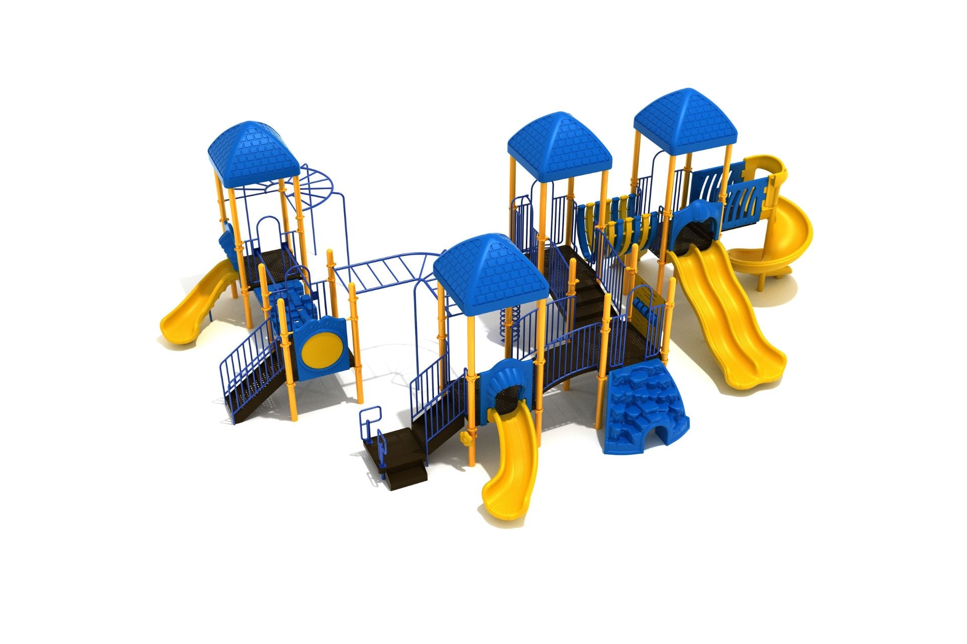 Esplanade Ridge Playground with blue roofs, yellow slides, climbing walls, connecting bridges, and naturalistic play features in a commercial play system