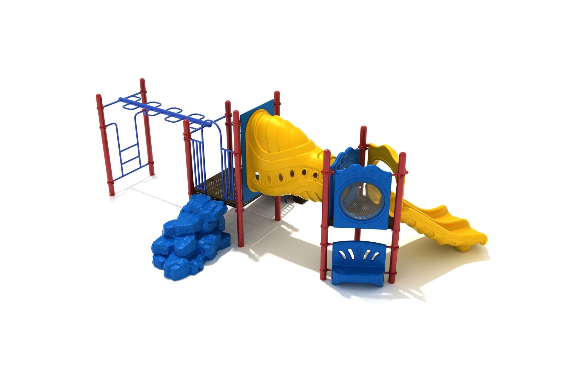 Estes Park Playground with red posts, blue boulder climber, overhead snake climber, funnel tube bridge, bubble panel, yellow double slide, and bench panel