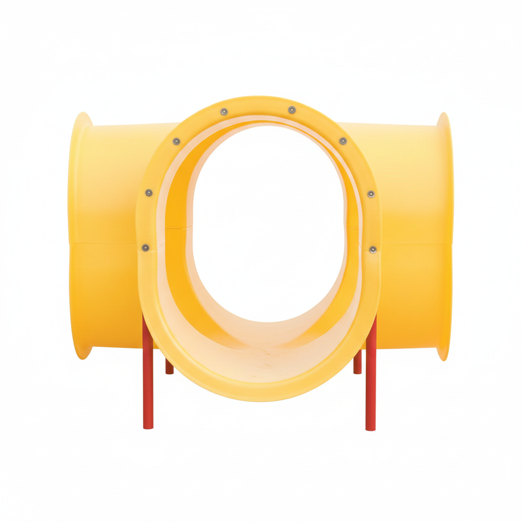 4-Way Fun Crawl Tube yellow climbing tunnel with four openings and red support legs for playground motor skill development