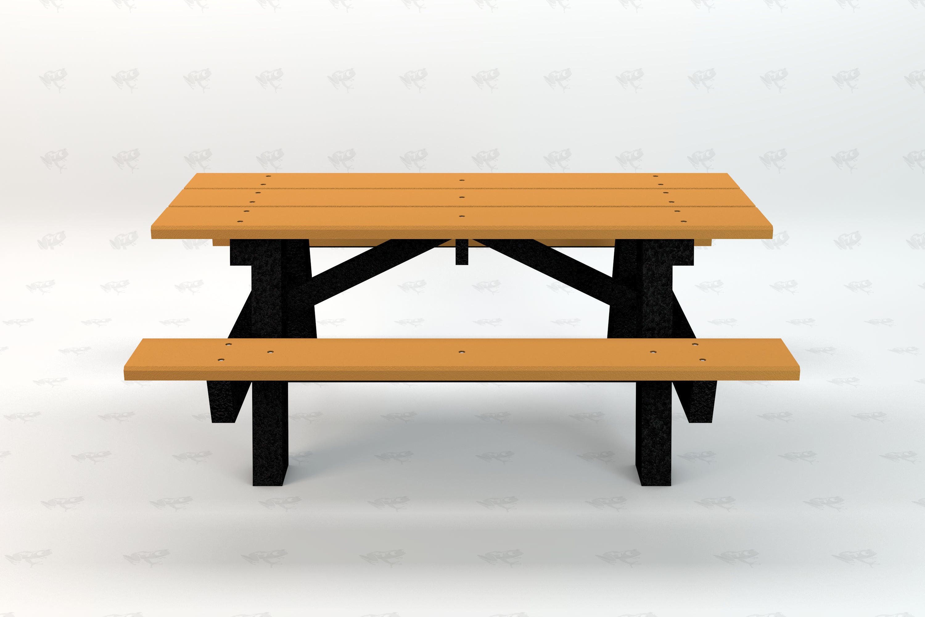 Outdoor picnic table with brown recycled plastic planks and sturdy black A-frame legs for group seating and social gatherings.