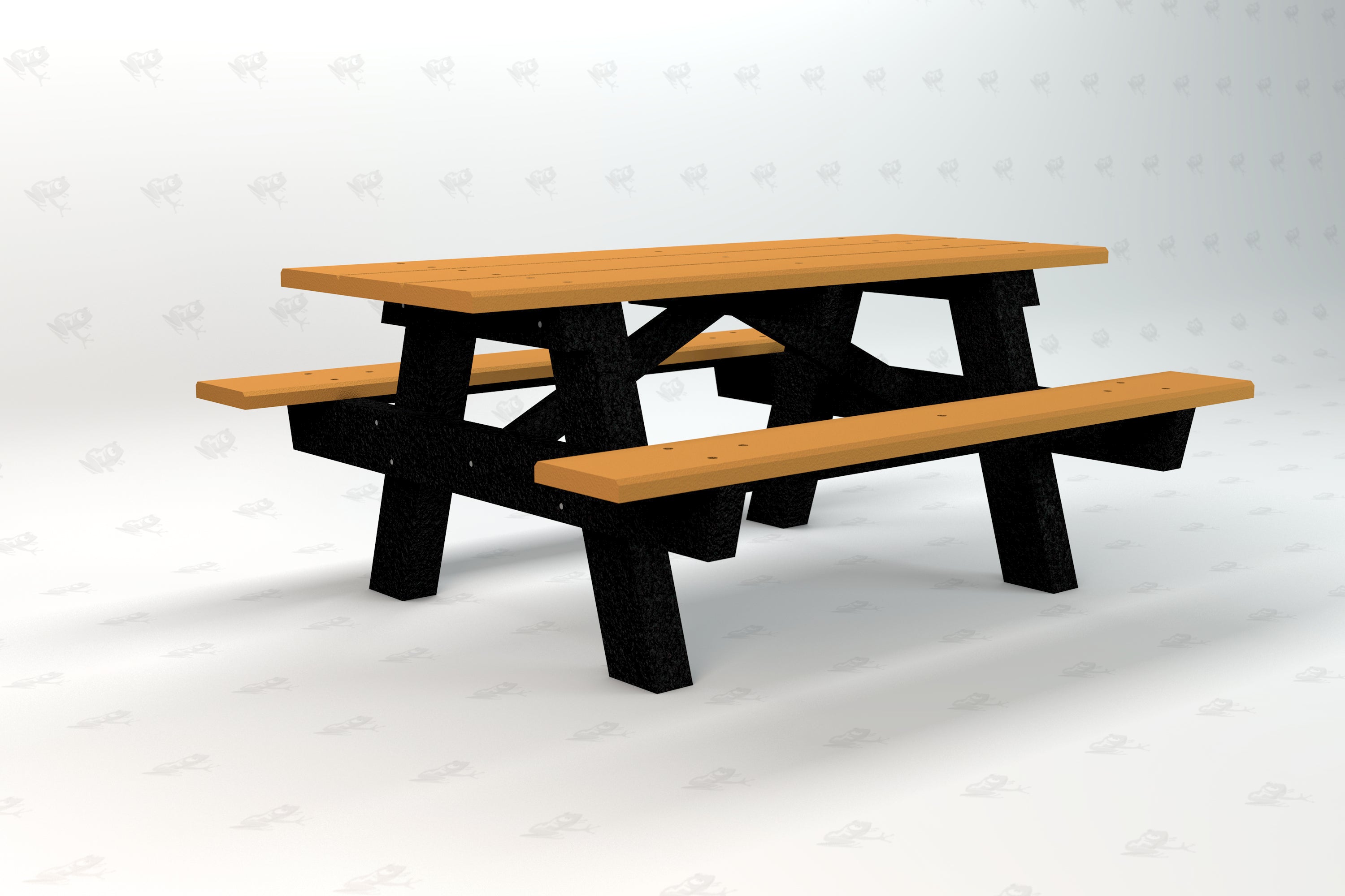 Outdoor picnic table with tan recycled plastic top and seats, supported by sturdy black A-frame legs.