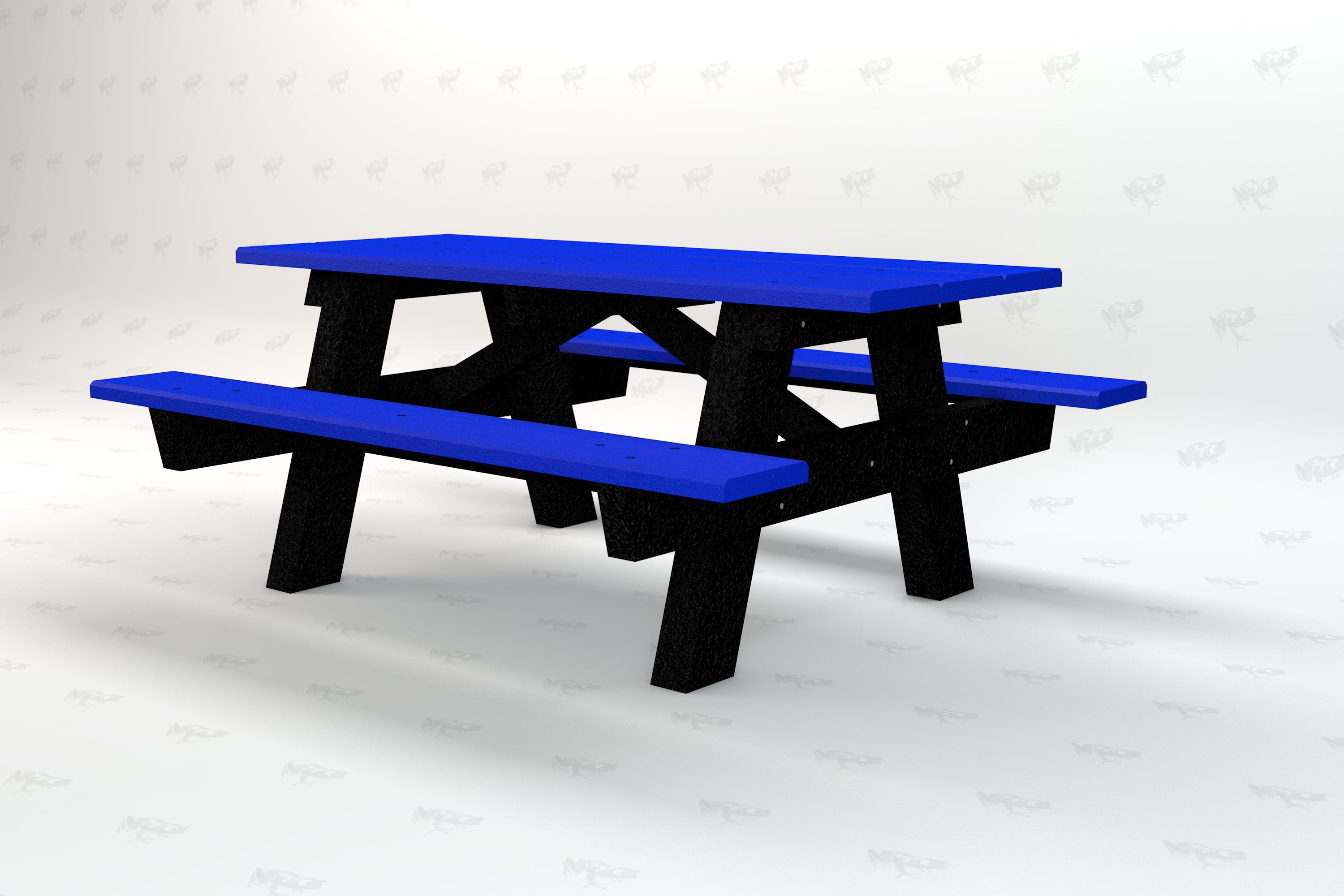 Outdoor picnic table with blue recycled plastic top and seats, supported by sturdy black A-frame legs.