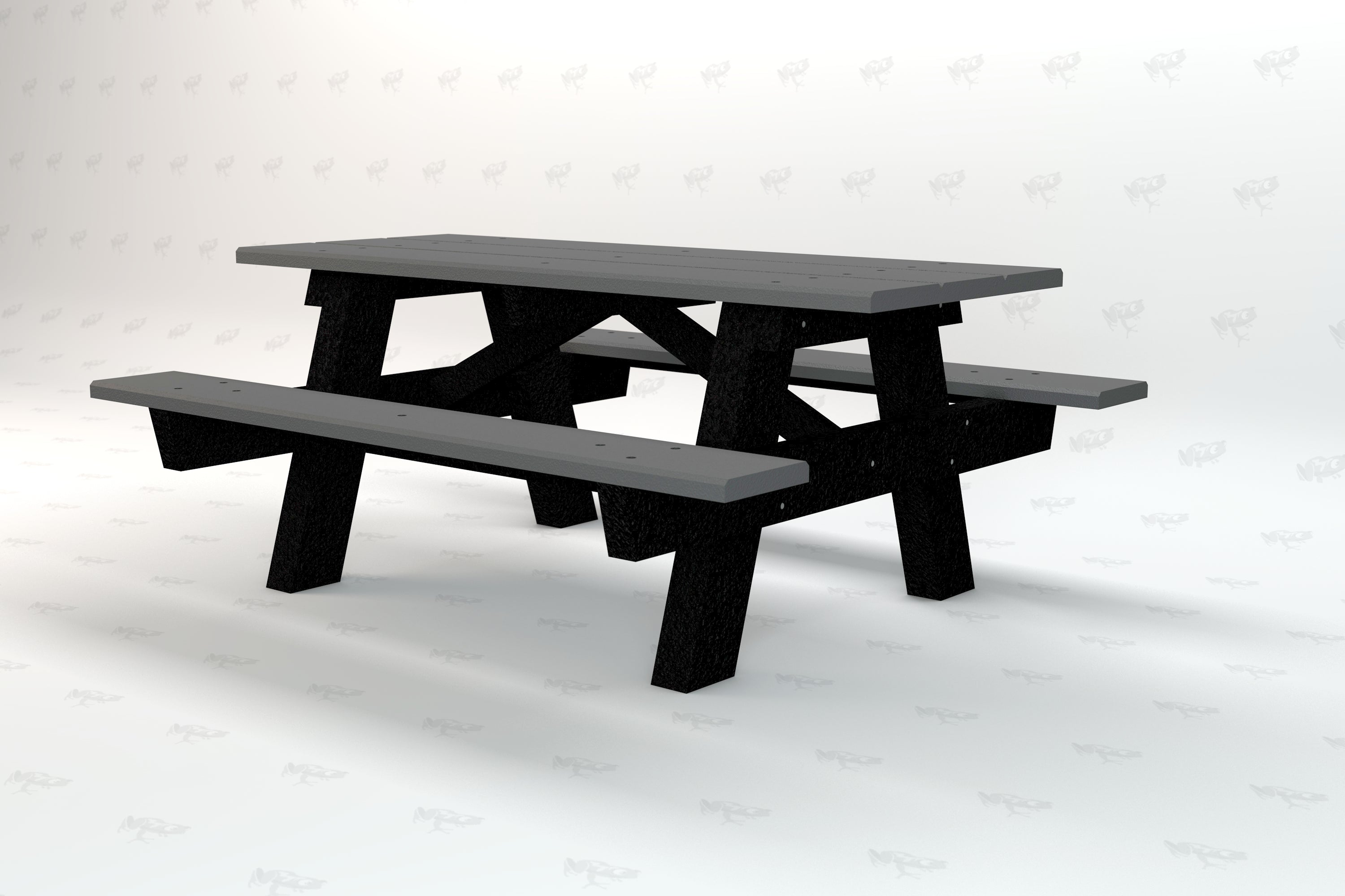 Durable gray recycled plastic picnic table with sturdy black A-frame legs and attached benches for outdoor use