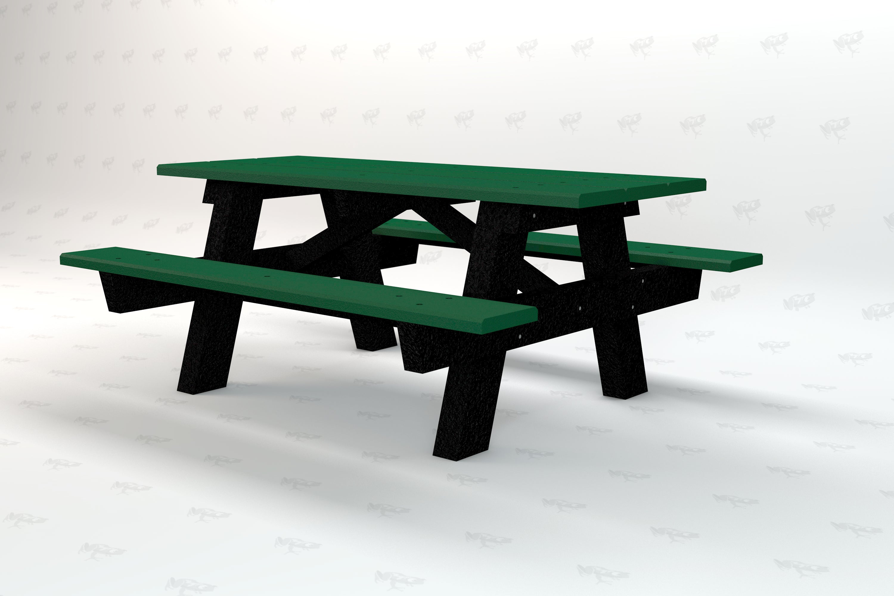 Green and black recycled plastic picnic table with sturdy A-frame design and attached benches for outdoor use