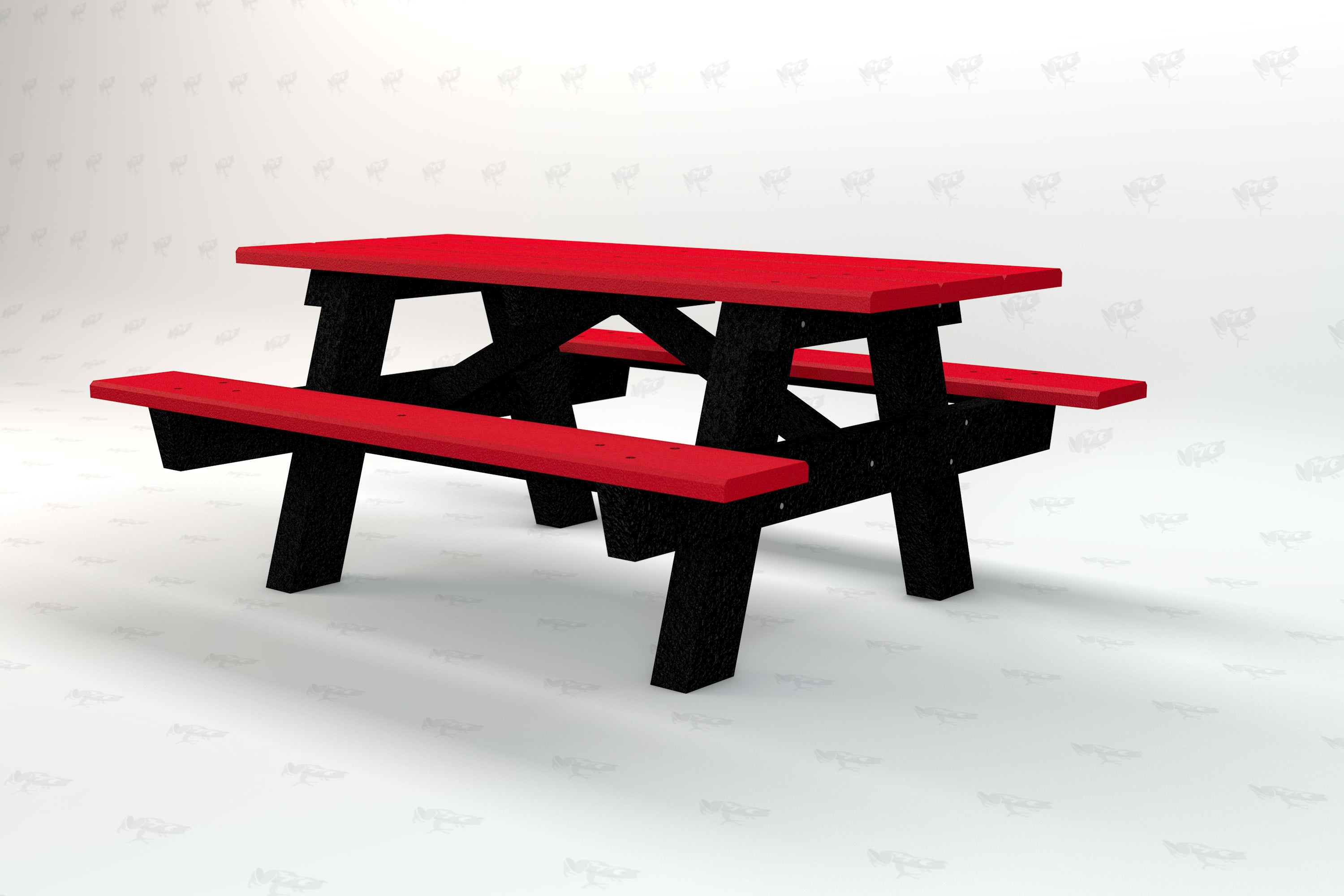 Red recycled plastic picnic table with black A-frame legs, sturdy eco-friendly design, outdoor seating with attached benches