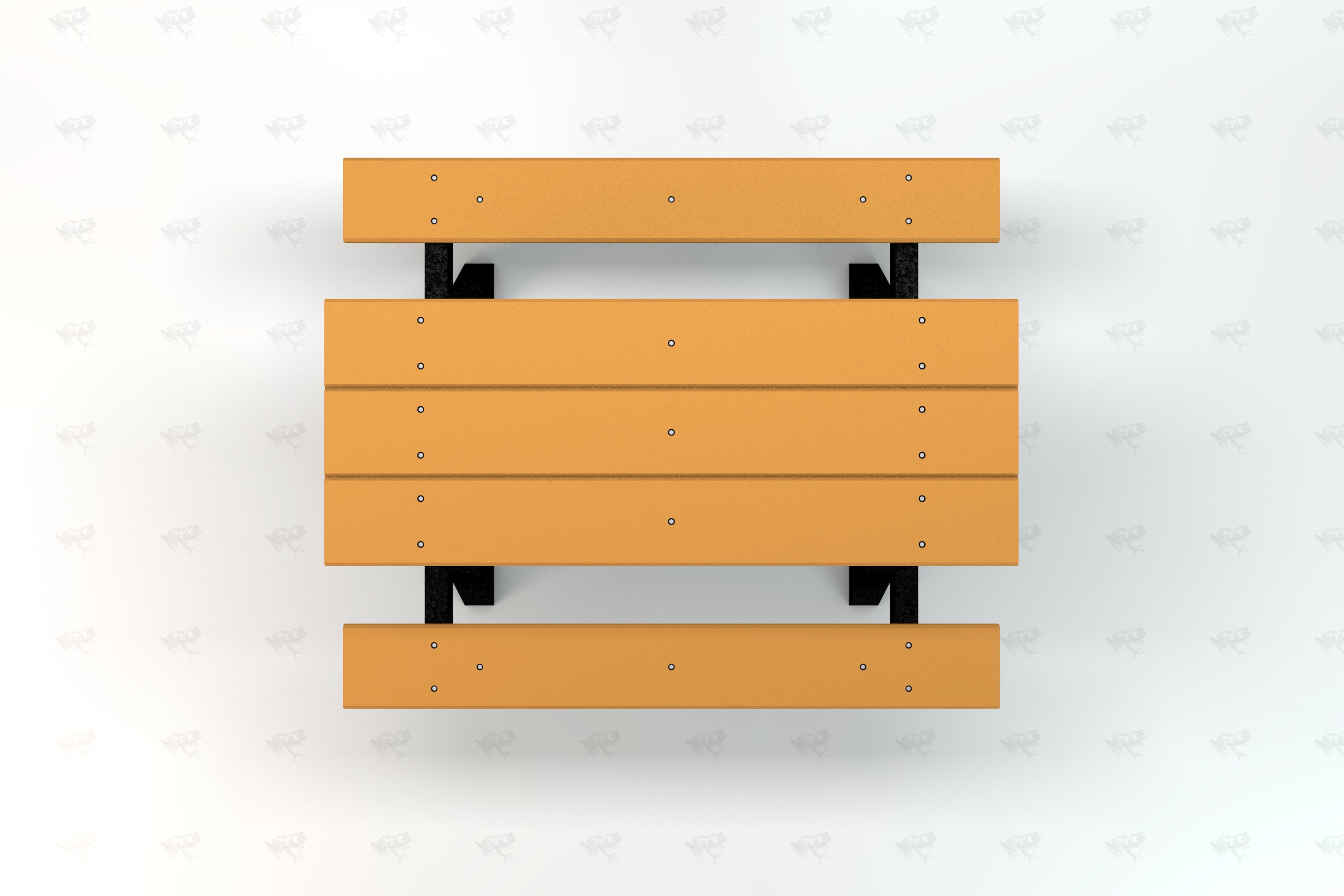 Overhead view of an orange slatted recycled plastic picnic table with black A-frame legs, designed for outdoor use
