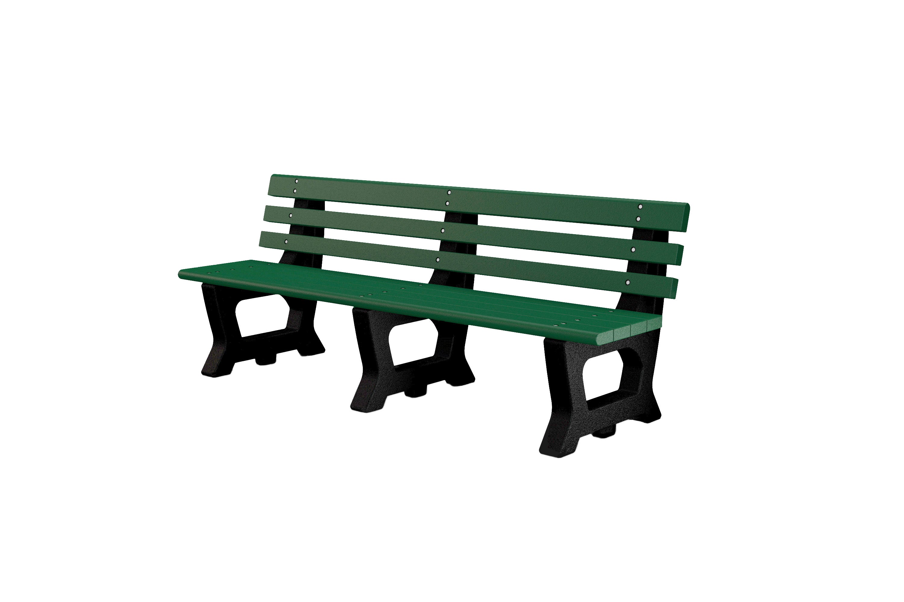 Green recycled plastic park bench with black aluminum legs and slatted backrest, designed for durable outdoor seating.