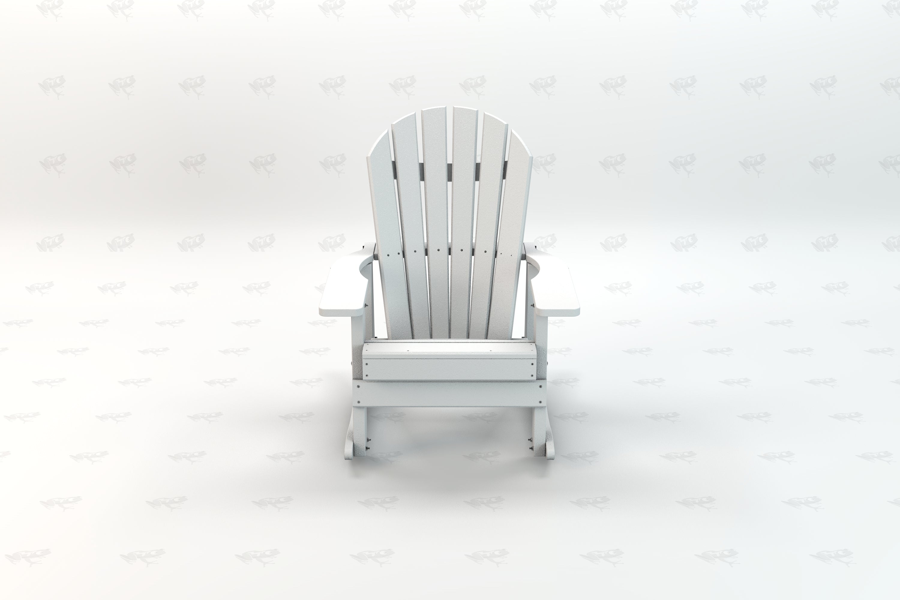 White recycled plastic Adirondack chair with wide armrests and slatted back, front view, weather-resistant outdoor seating