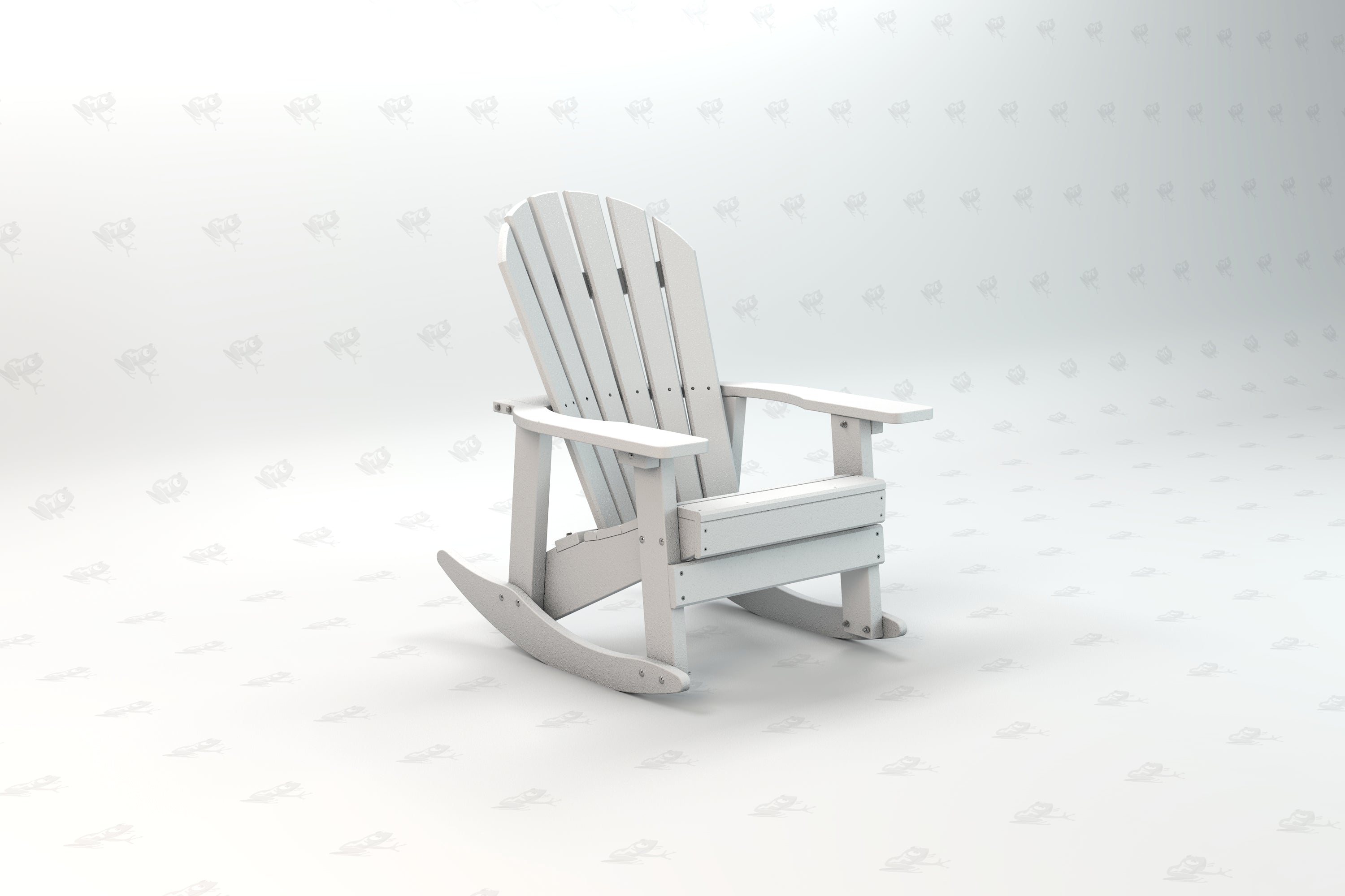 White recycled plastic Adirondack rocking chair with slatted back and wide armrests on a neutral surface
