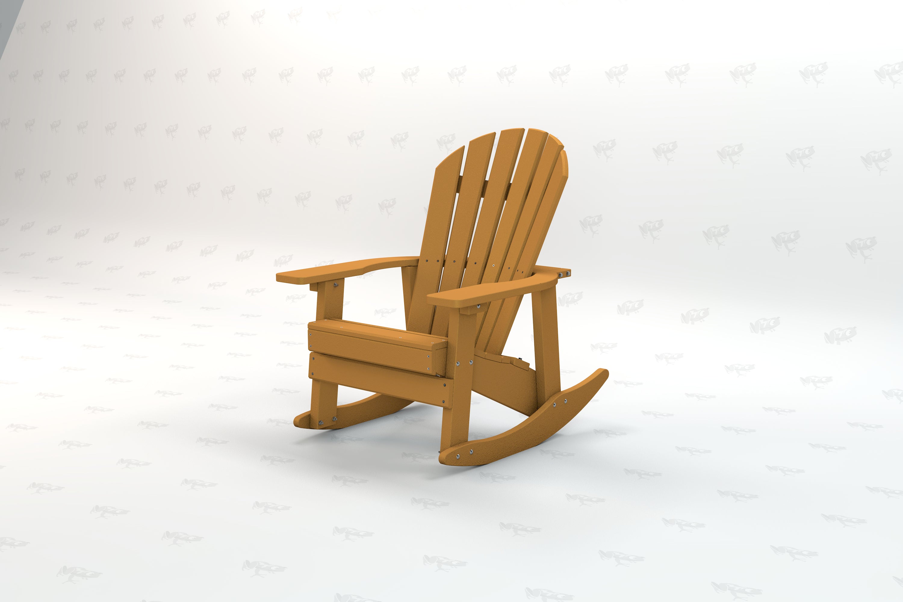 Cedar-colored recycled plastic Adirondack rocking chair with slatted back and wide armrests, designed for outdoor use