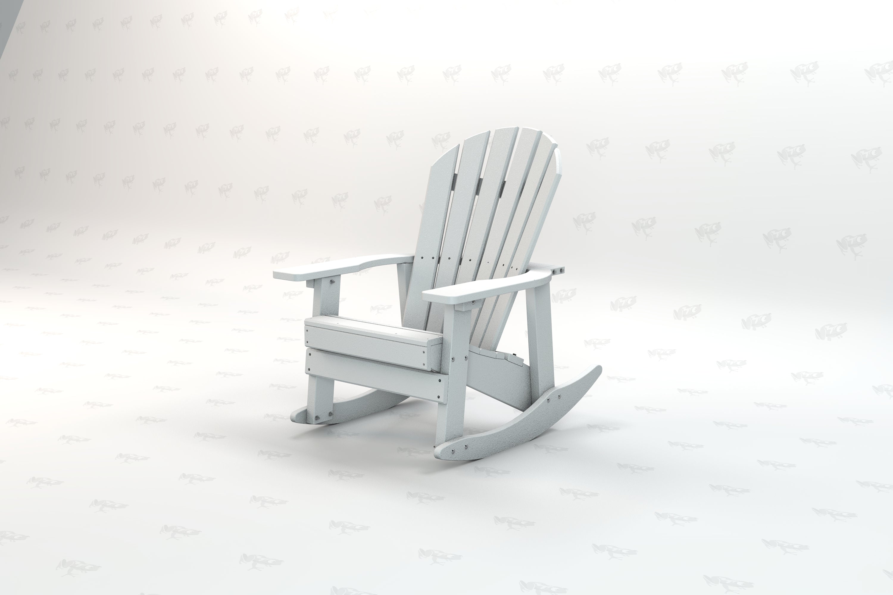White recycled plastic Adirondack rocking chair with slatted back and wide armrests on a plain surface