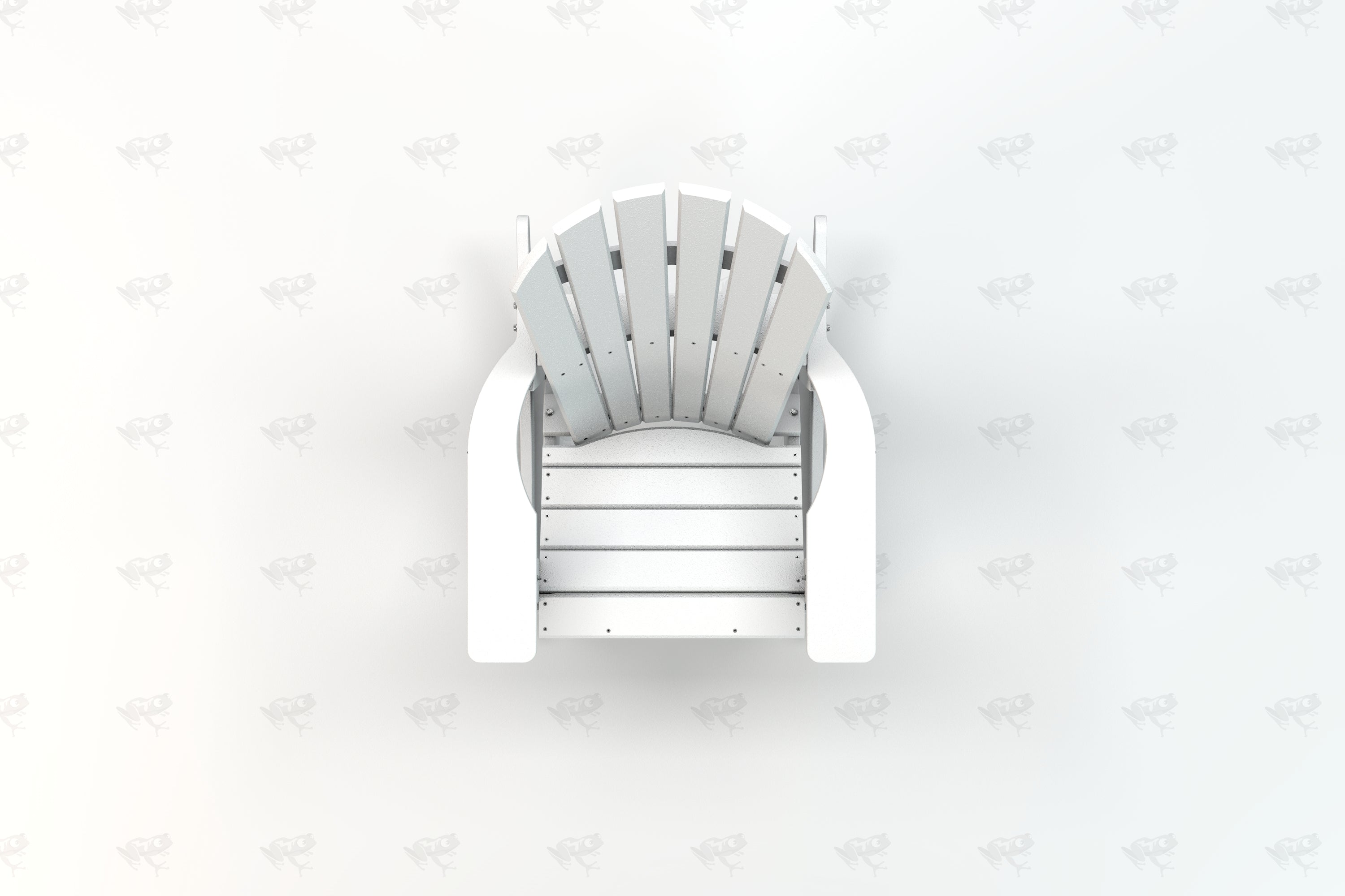 Overhead view of a white recycled plastic Adirondack chair with wide armrests and slatted backrest