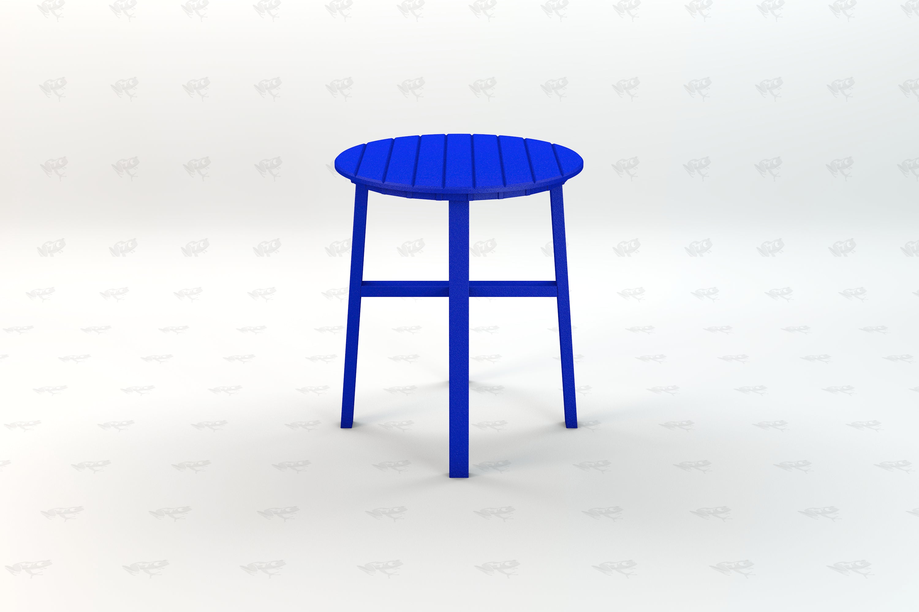 Blue recycled plastic outdoor stool with slatted round top and four legs, designed for durable, weather-resistant seating.