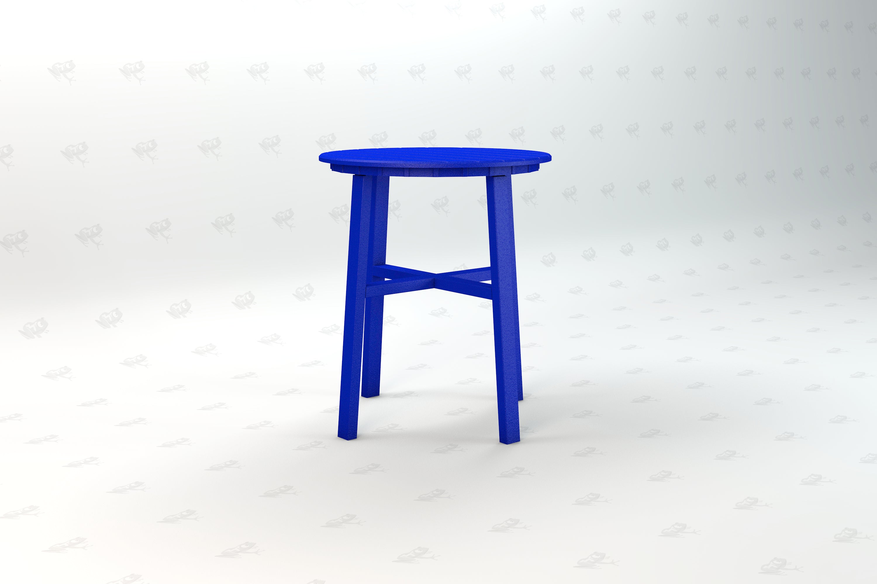 Blue recycled plastic outdoor stool with round top and four legs connected by crossbars, weather-resistant design