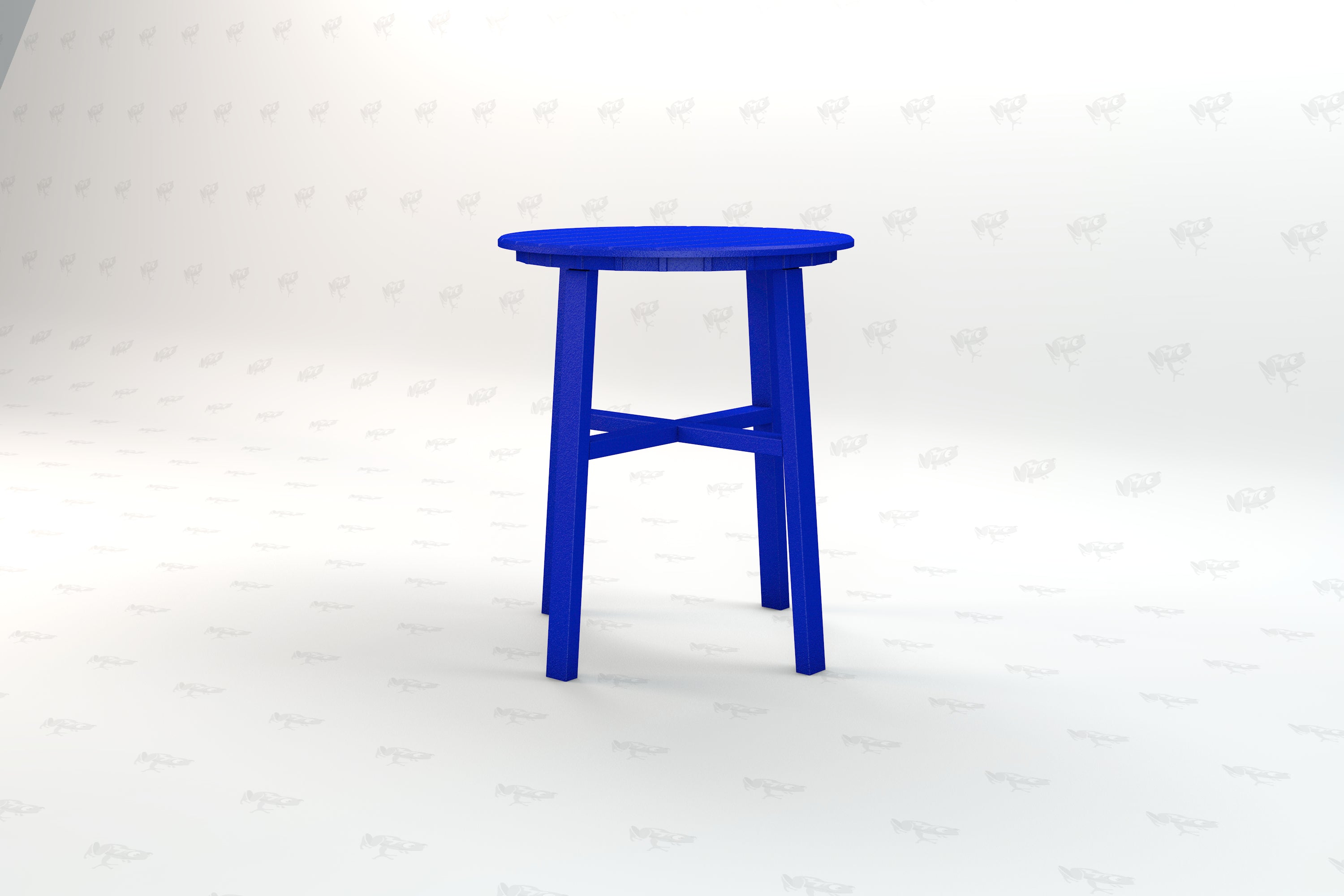 Blue recycled plastic outdoor stool with round top and four legs connected by cross braces, weather-resistant and eco-friendly design.