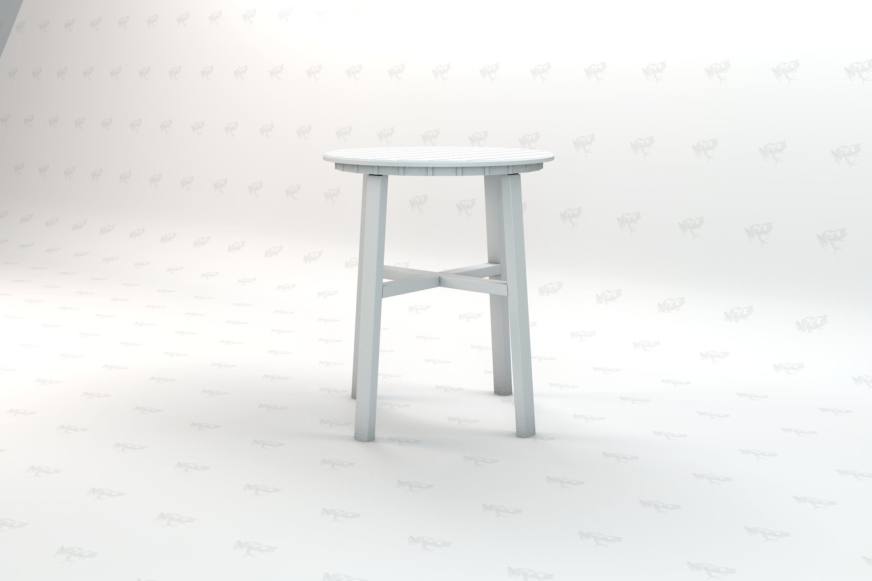 White recycled plastic outdoor stool with round slatted top and four legs connected by cross supports