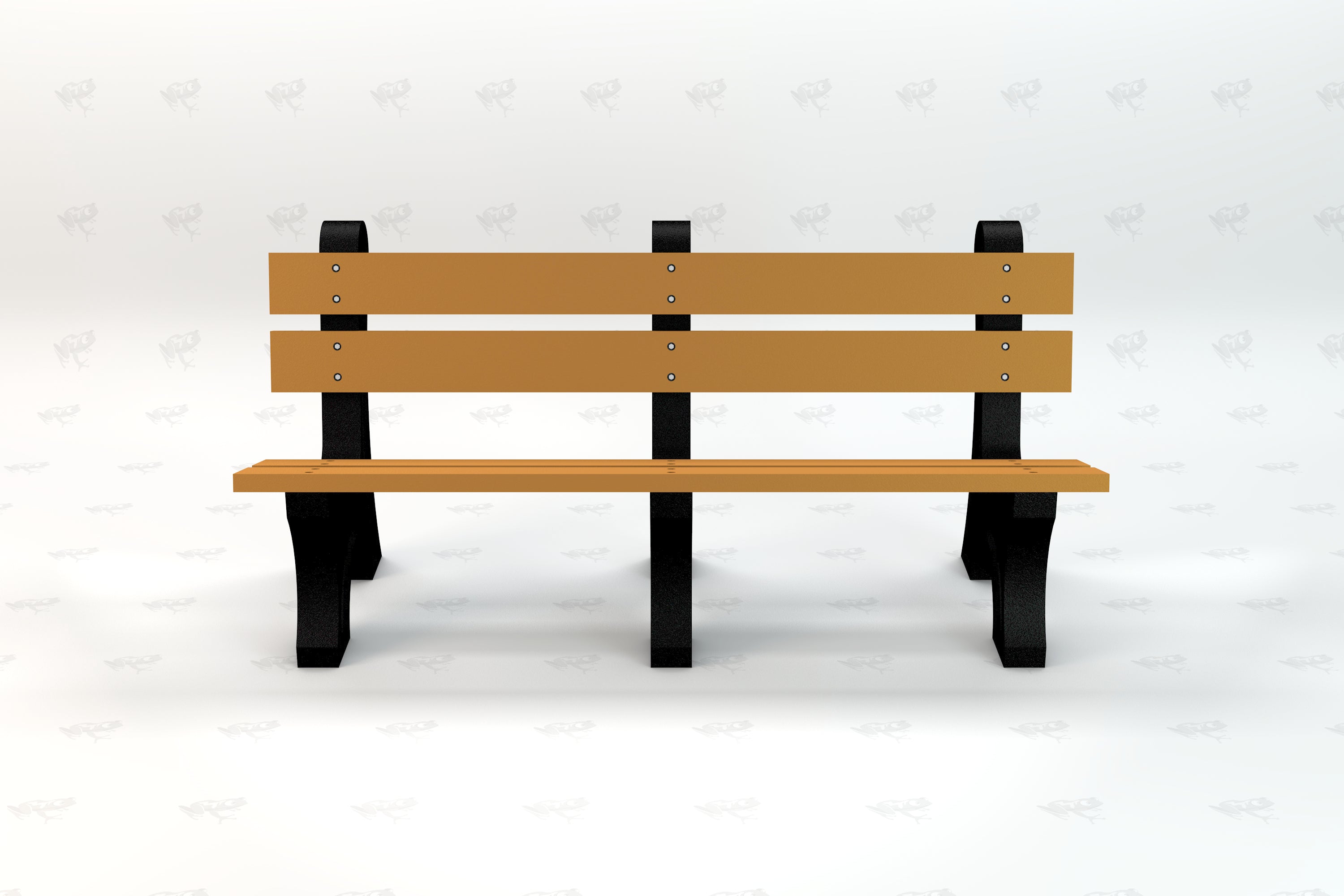 Outdoor park bench with wide cedar-colored resinwood slats and black aluminum frame, front view.