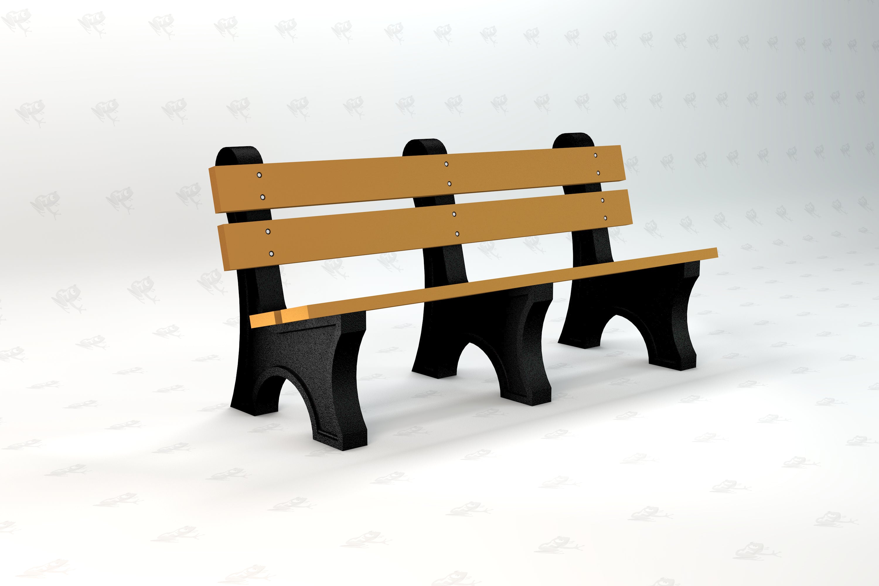 Outdoor park bench with wide brown resinwood slats and black aluminum frame, classic durable design for public spaces