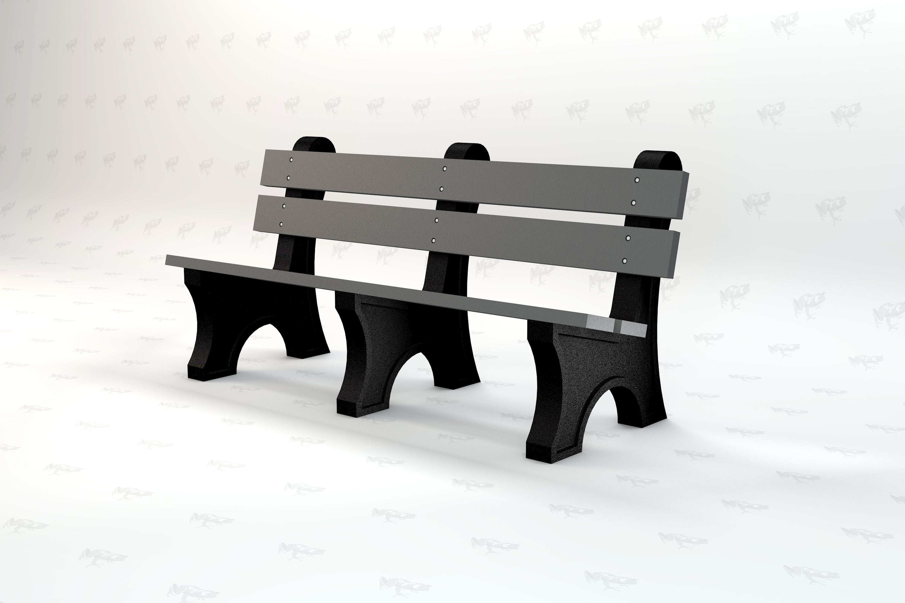 Gray outdoor park bench with wide resinwood slats and black aluminum frame, classic design for public spaces