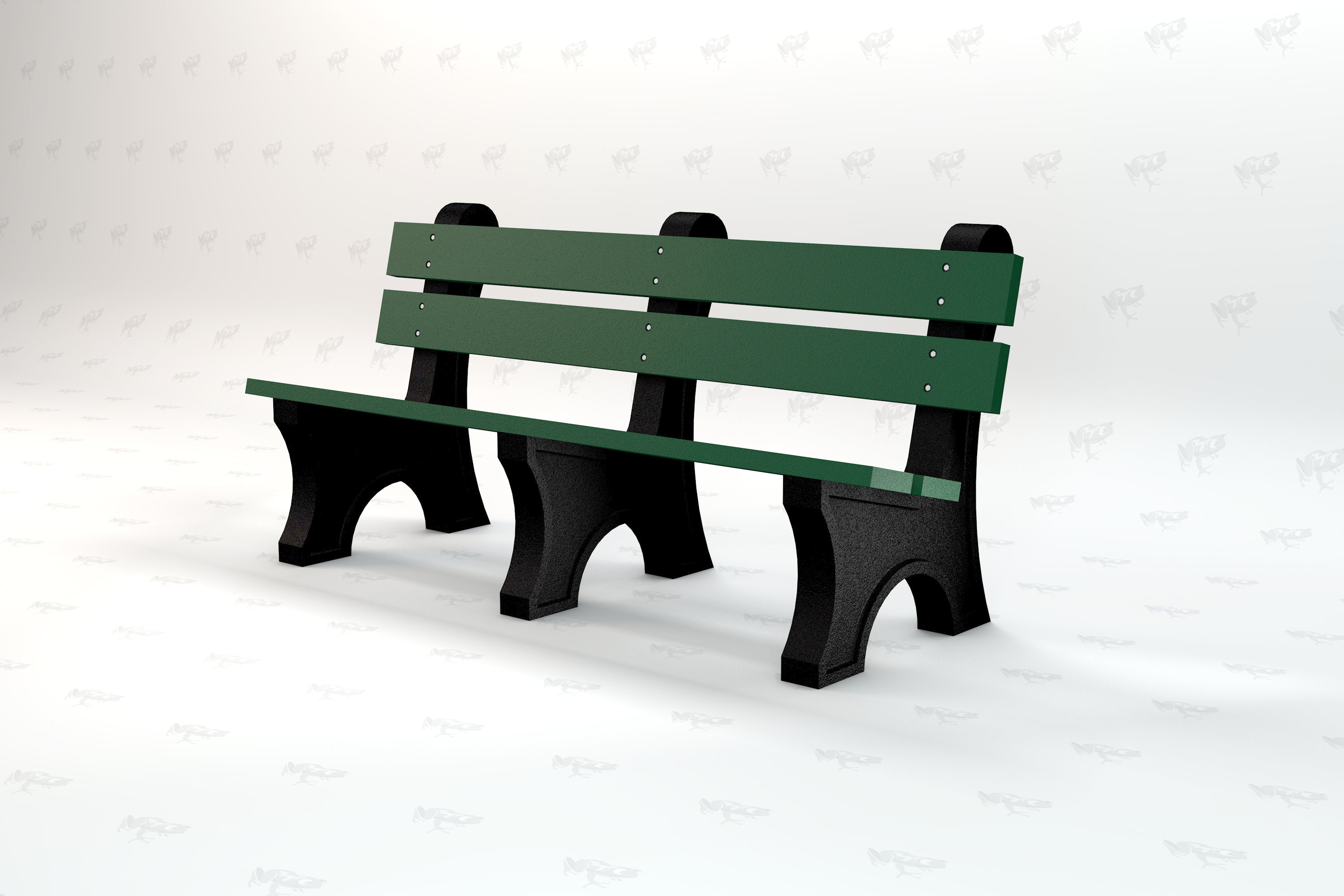 Green outdoor park bench with wide recycled plastic slats and sturdy black metal legs, eco-friendly design