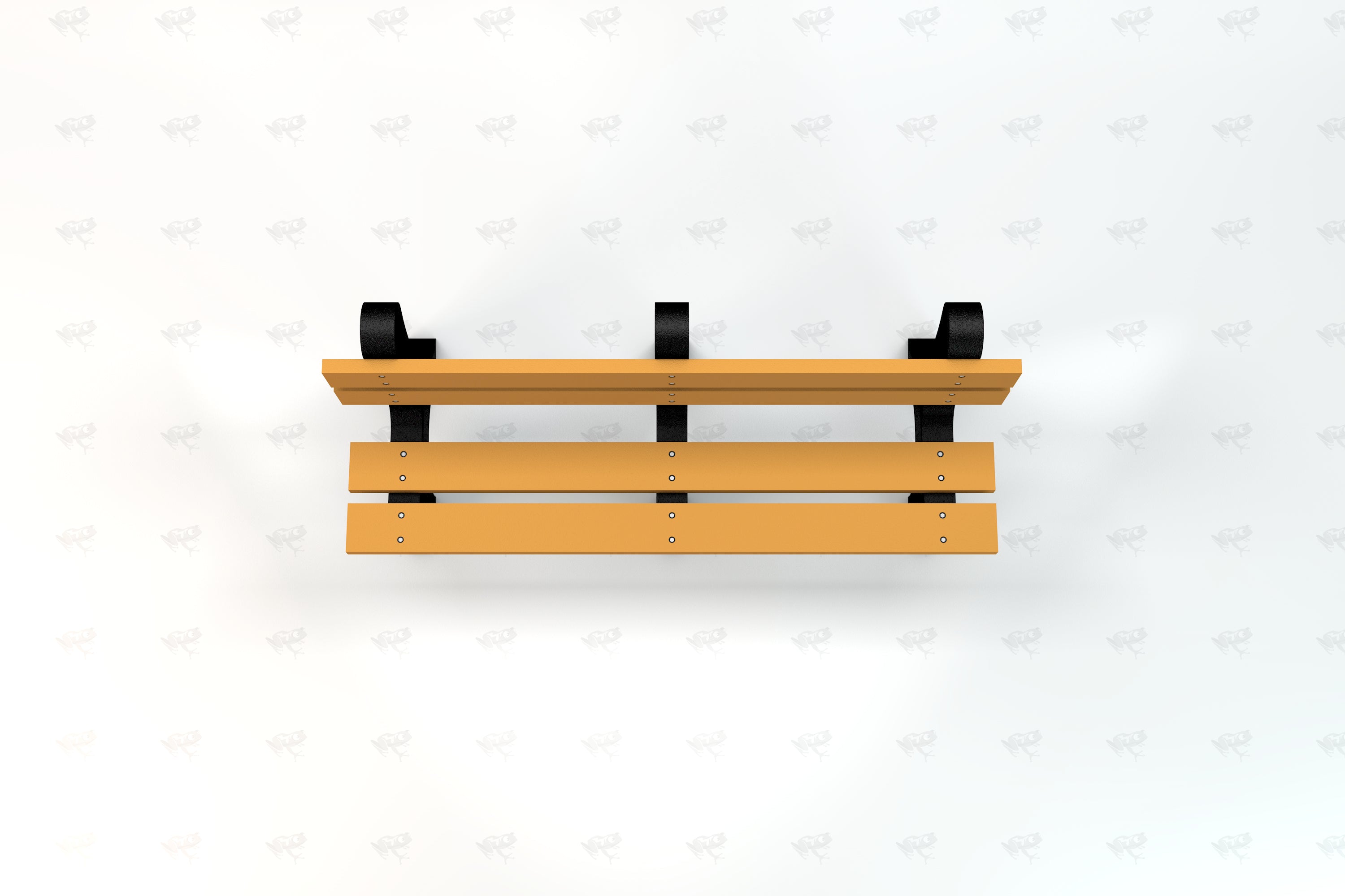 Overhead view of a recycled plastic park bench with wide tan resinwood slats and black aluminum frame