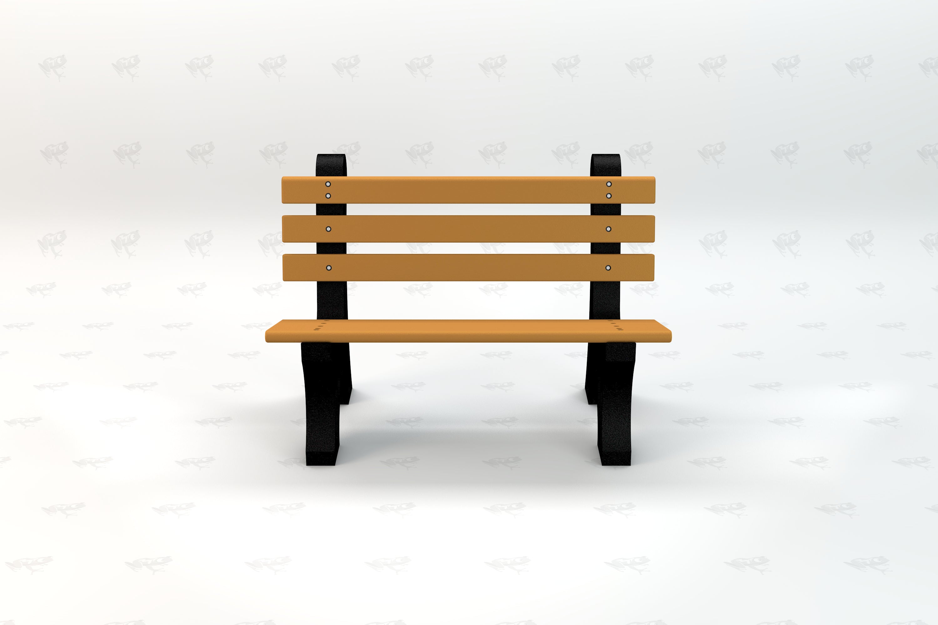 Front view of a cedar-colored recycled plastic slat park bench with a black aluminum frame, designed for outdoor use