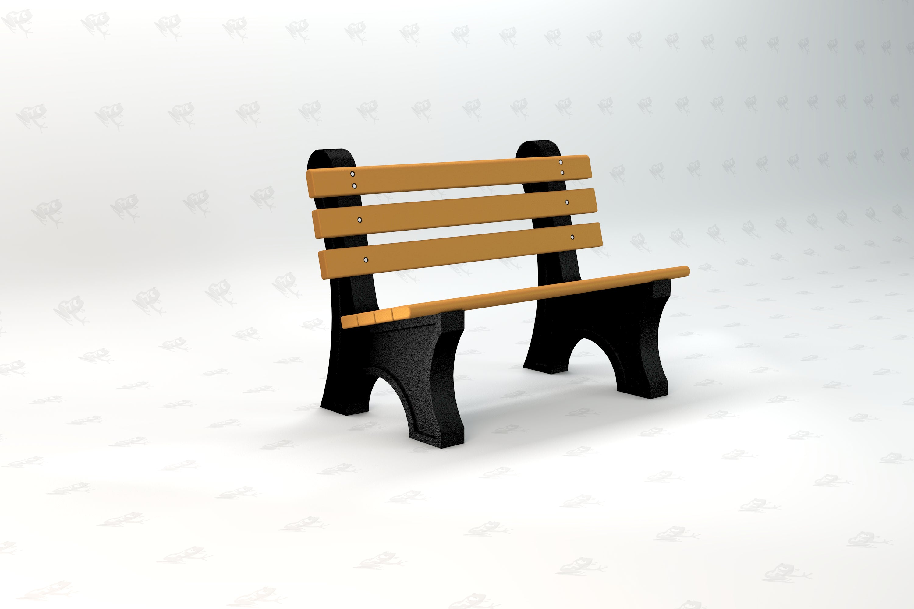 Outdoor park bench with wide tan resinwood slats and sturdy black aluminum frame, classic design for public spaces