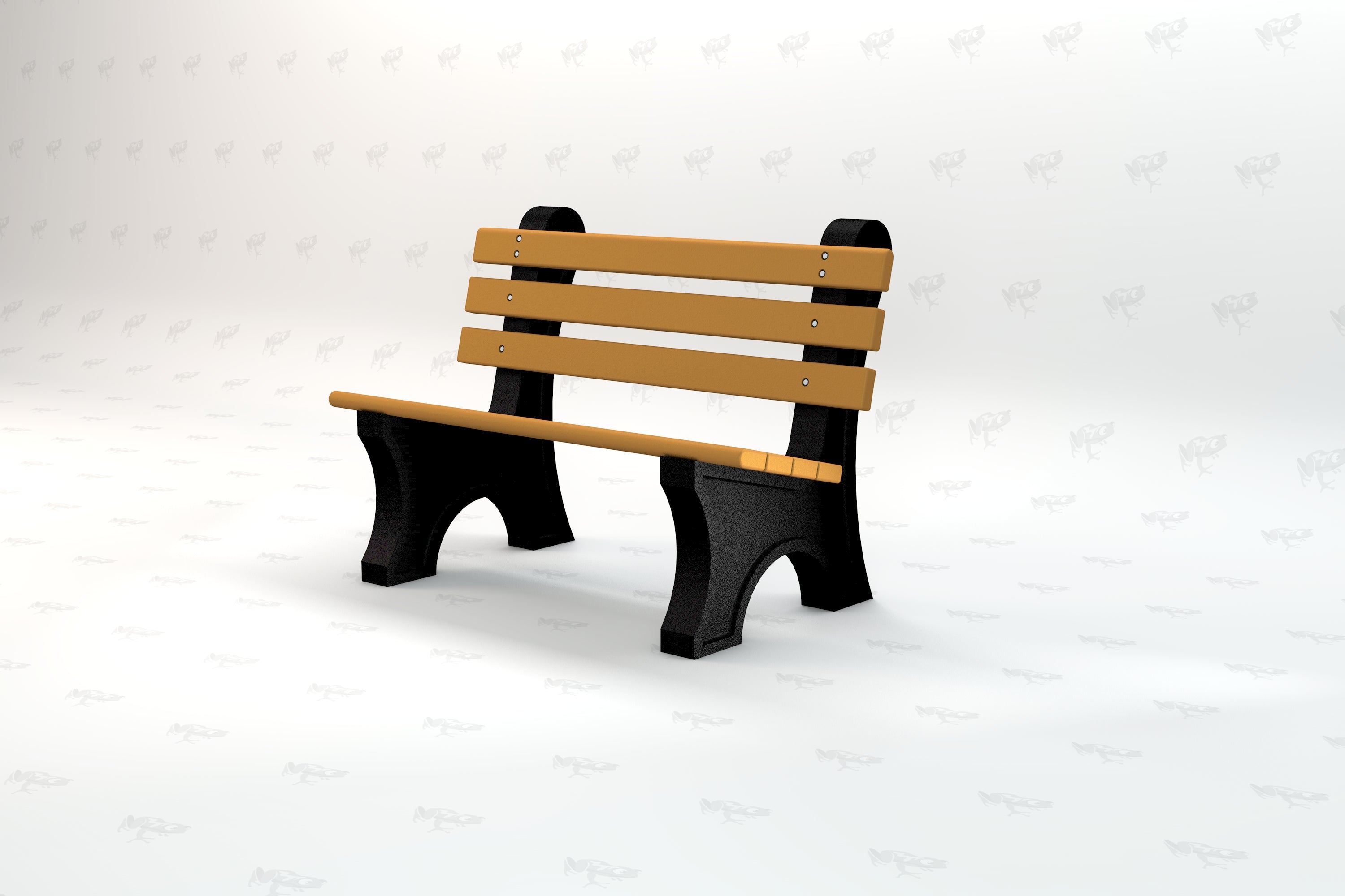 Outdoor park bench with wide tan resinwood slats and sturdy black recycled plastic frame, angled view.