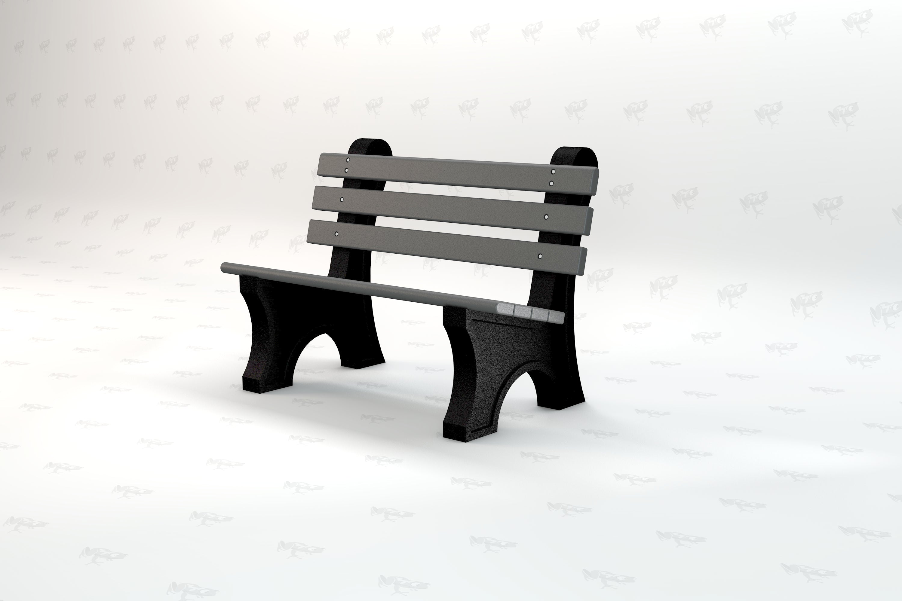 Gray recycled plastic park bench with wide slats and black aluminum frame, angled view