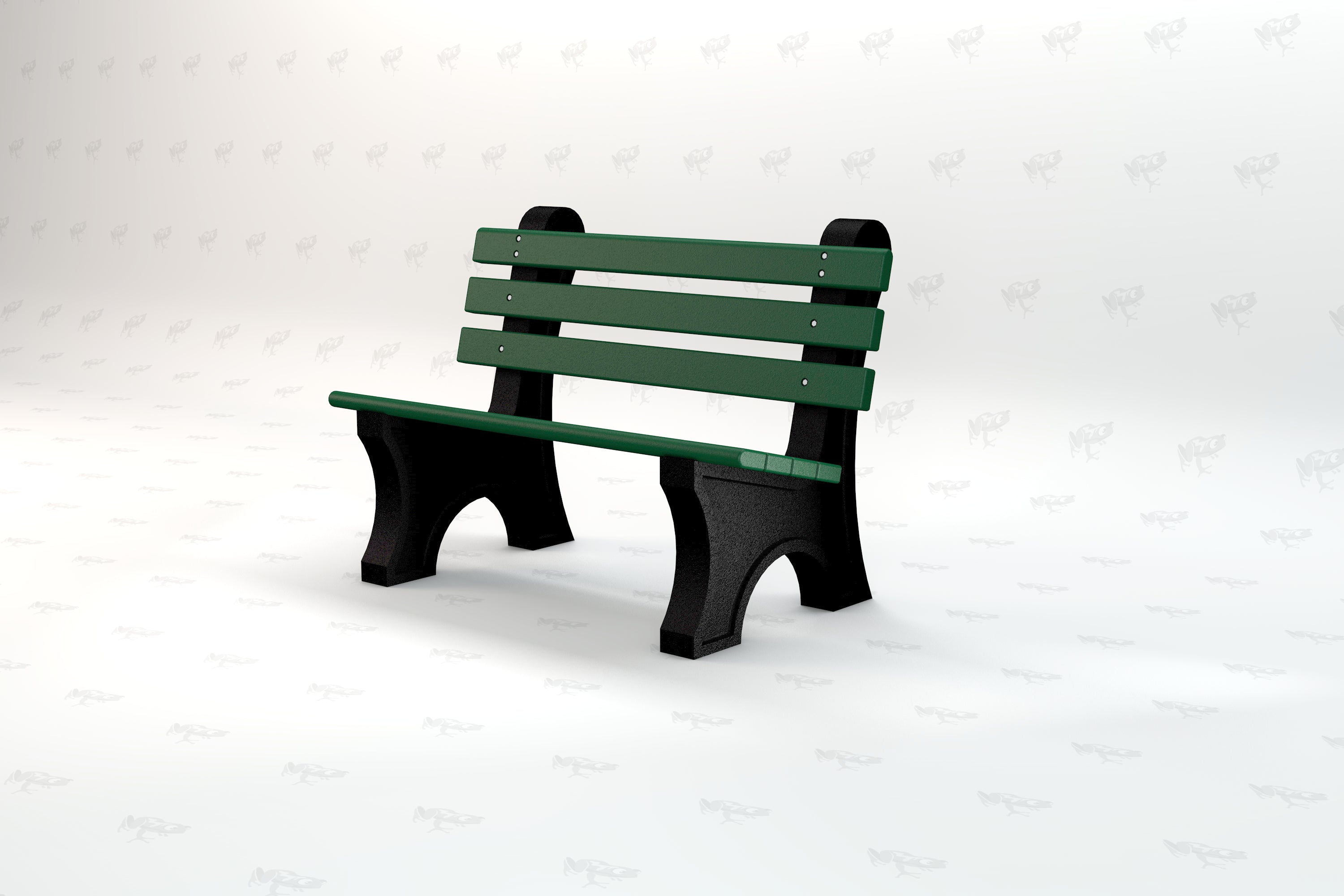 Green recycled plastic park bench with three wide horizontal slats and sturdy black aluminum legs, angled side view.