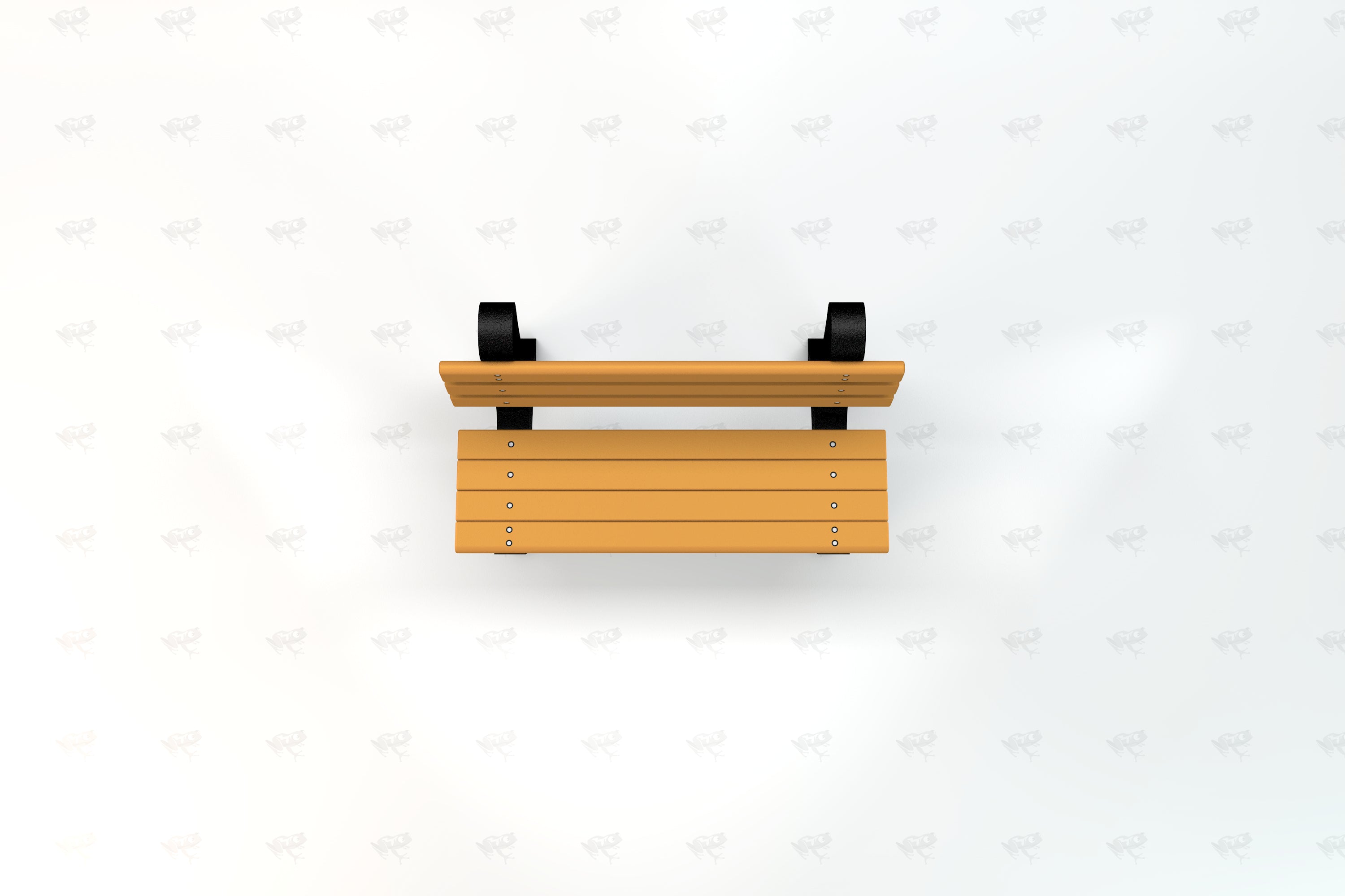 Overhead view of a recycled plastic park bench with wide resinwood slats and black aluminum frame
