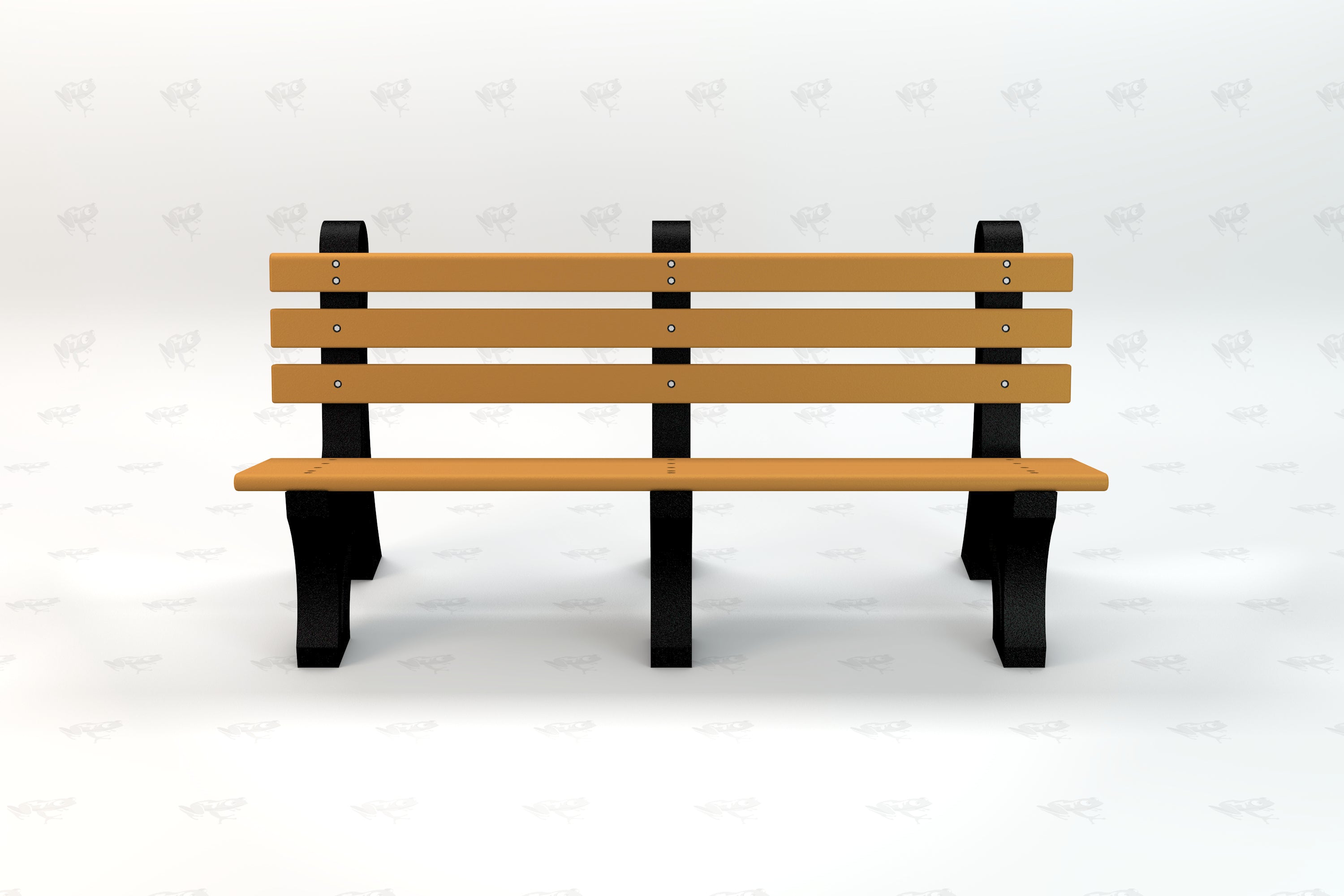 Outdoor park bench with wide cedar-colored resinwood slats and black aluminum frame, front view