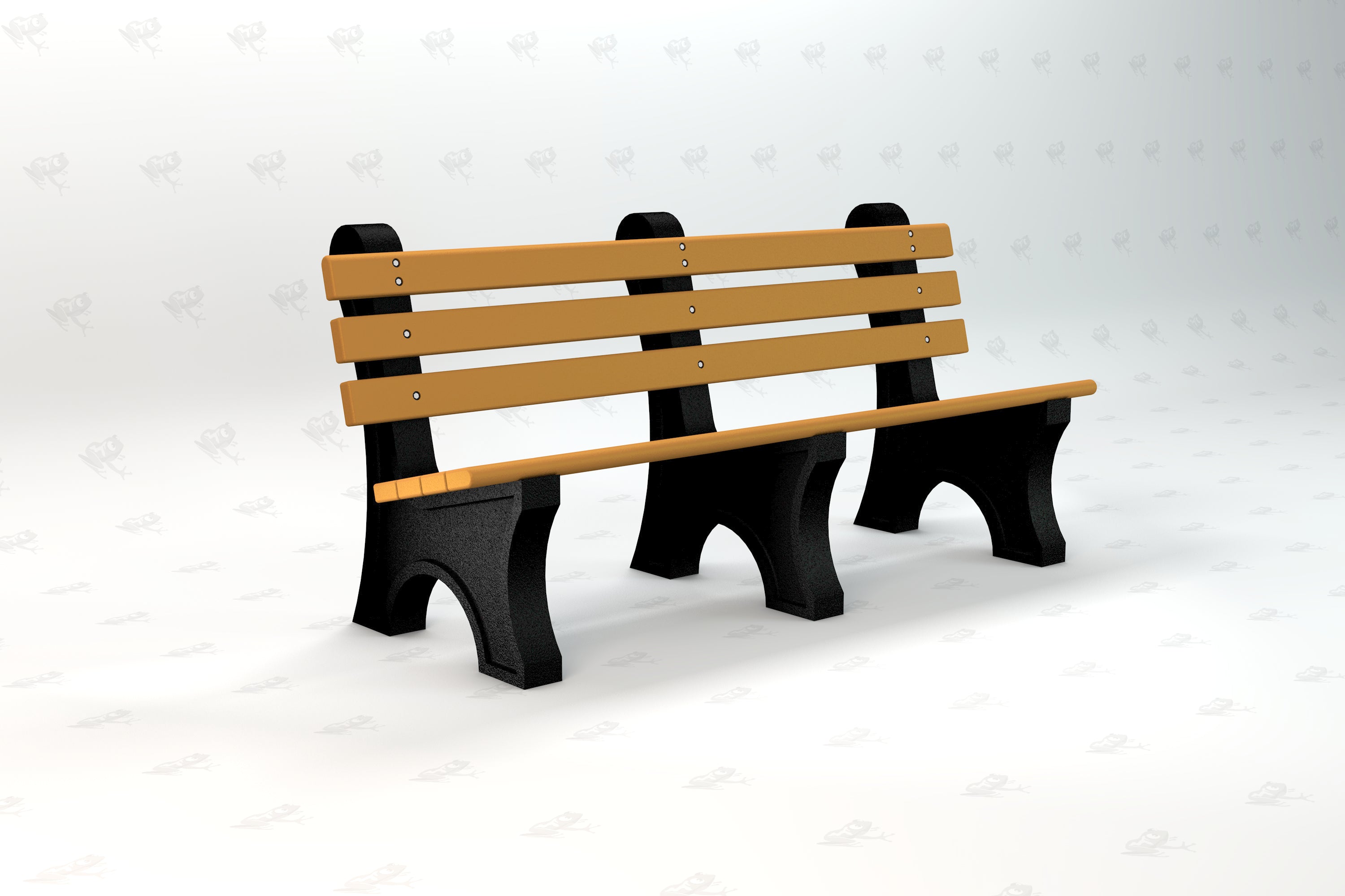 Outdoor park bench with wide tan resinwood slats and black aluminum frame, designed for durability and comfort in public spaces.