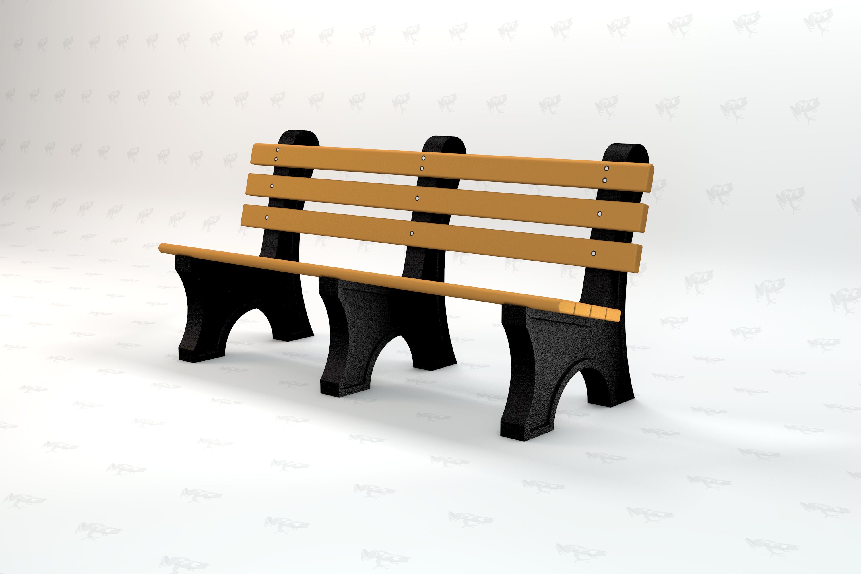 Outdoor park bench with wide tan resinwood slats and black recycled plastic supports, eco-friendly and durable design.