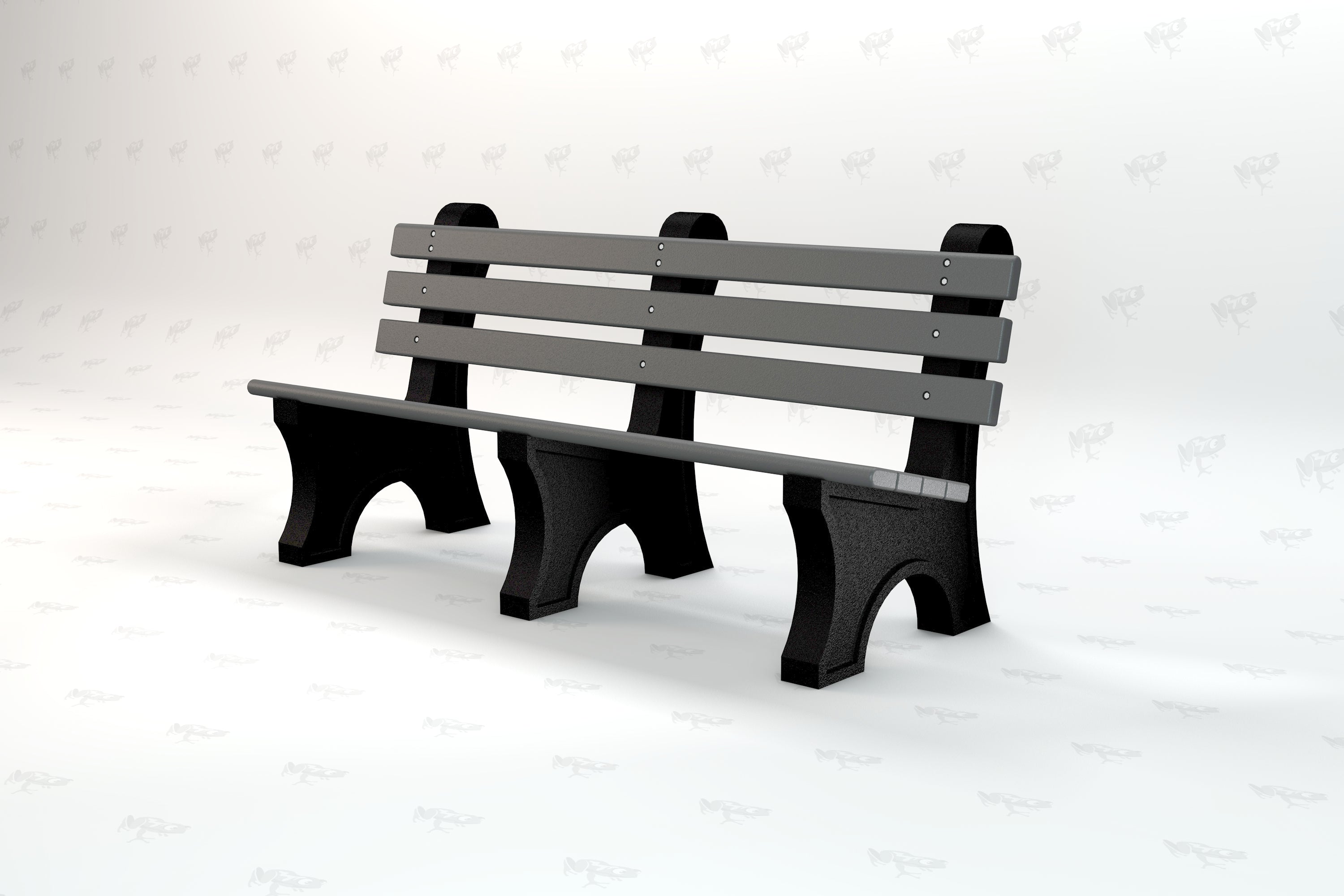 Gray recycled plastic park bench with wide slats and sturdy black aluminum frame, angled side view
