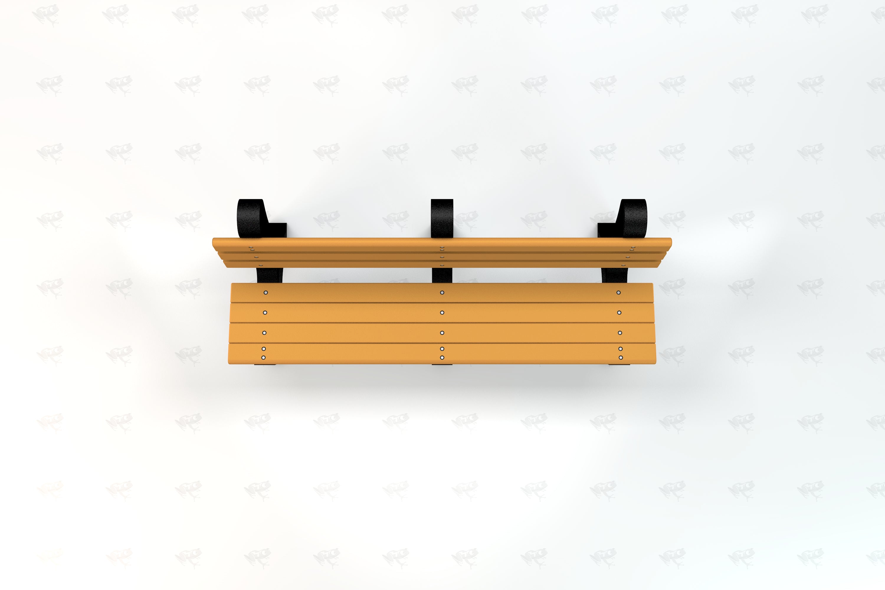 Overhead view of a recycled plastic park bench with wide tan slats and black aluminum armrests and supports