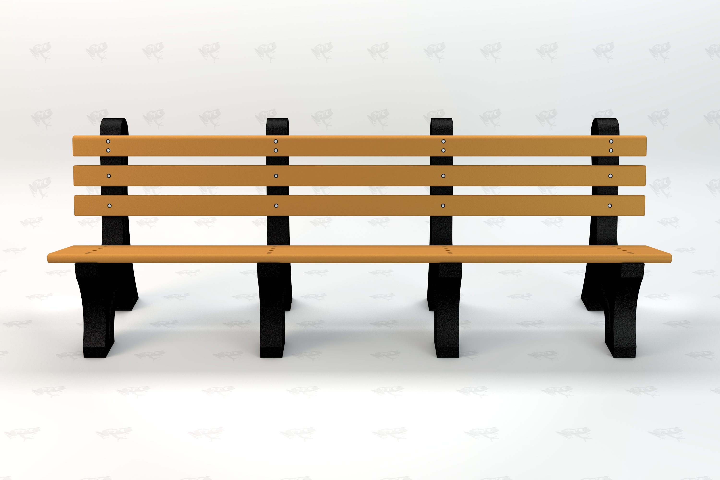 Outdoor park bench with wide cedar-colored resinwood slats and black aluminum supports, designed for durability and comfort.