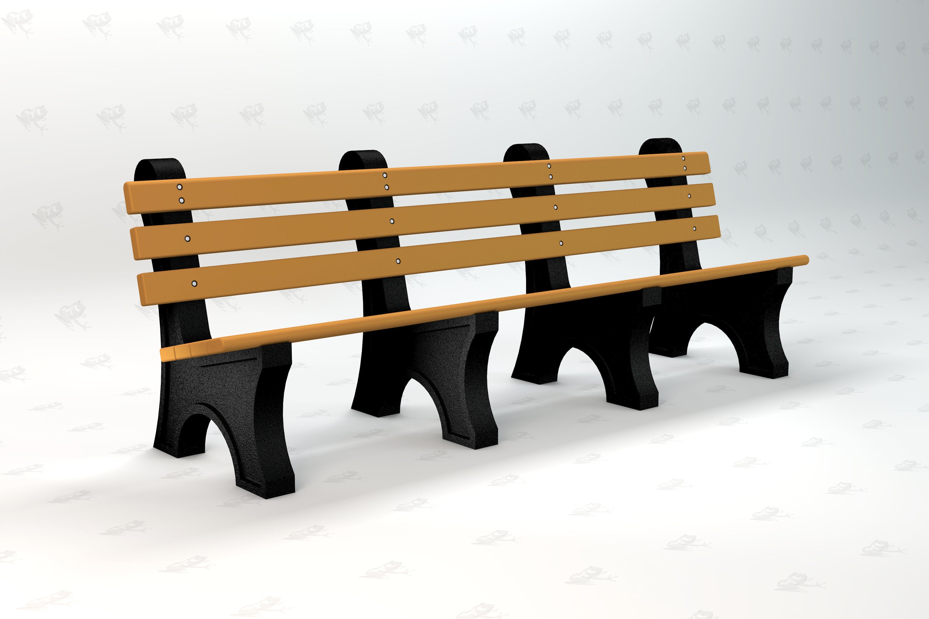 Traditional outdoor park bench with wide tan resinwood slats and sturdy black aluminum frame, eco-friendly materials.