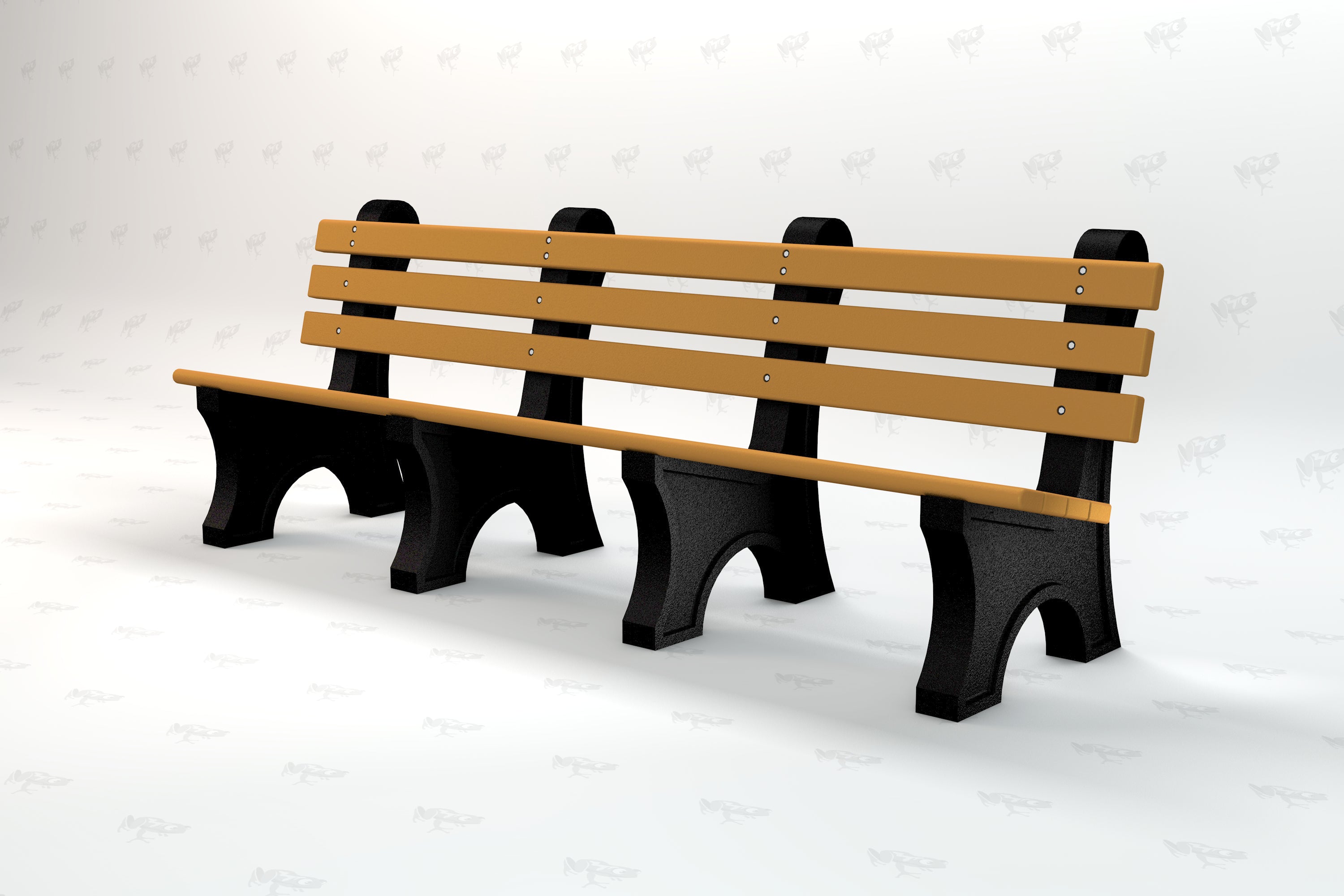 Traditional outdoor park bench with wide tan resinwood slats and sturdy black recycled plastic frame