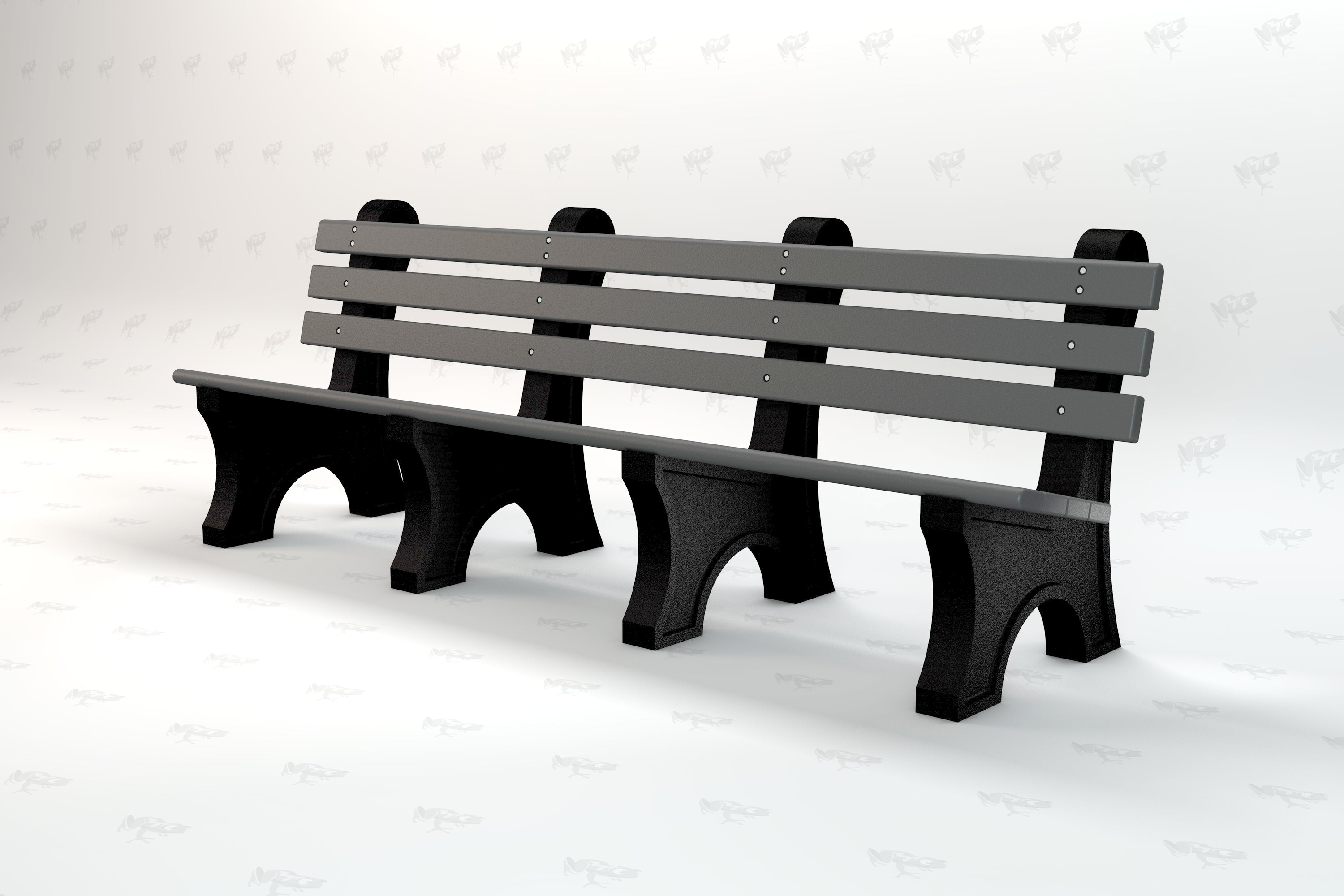 Gray recycled plastic park bench with wide slats and sturdy black aluminum supports, designed for outdoor use
