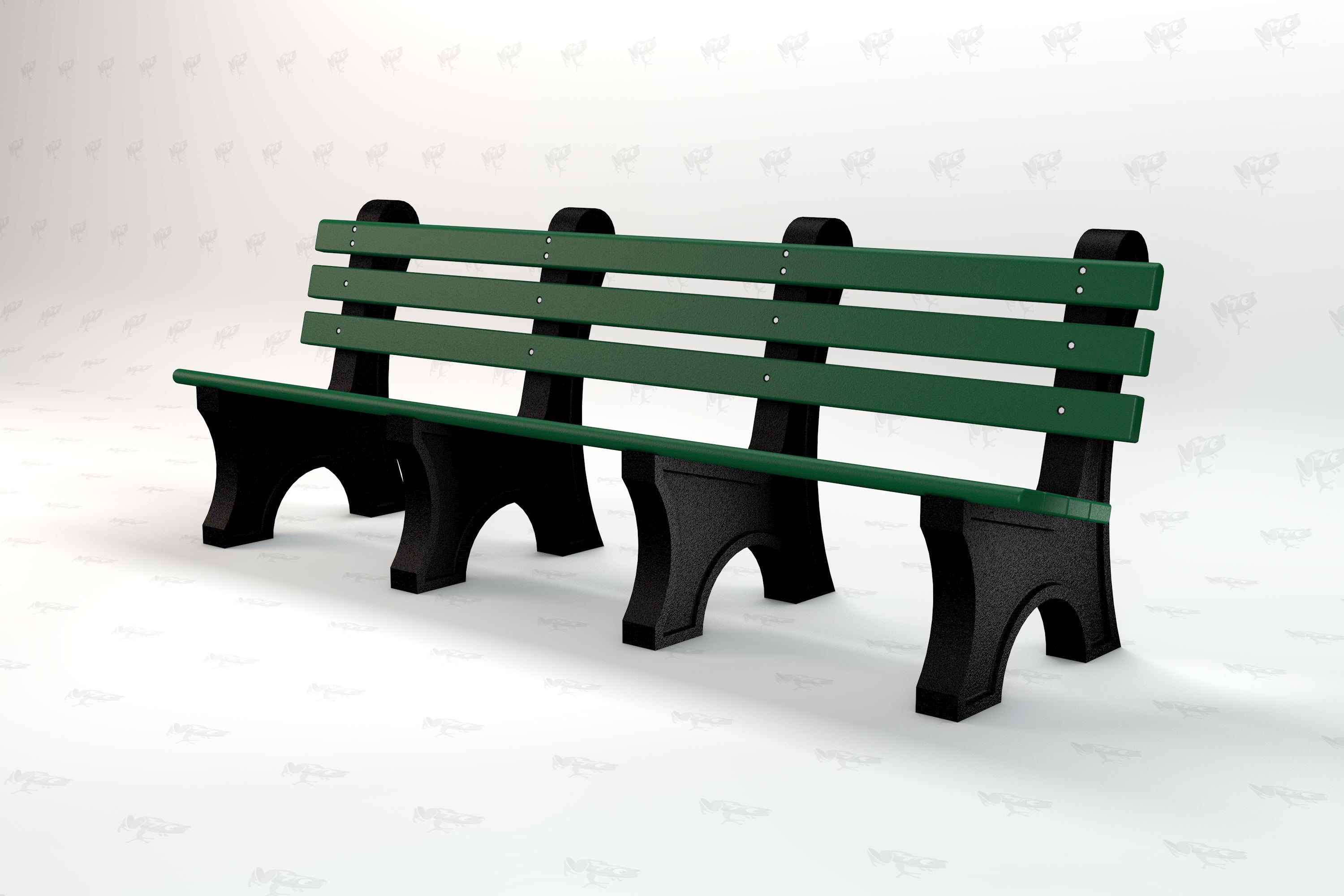 Green recycled plastic park bench with wide slats and black sturdy angled aluminum supports, outdoor seating