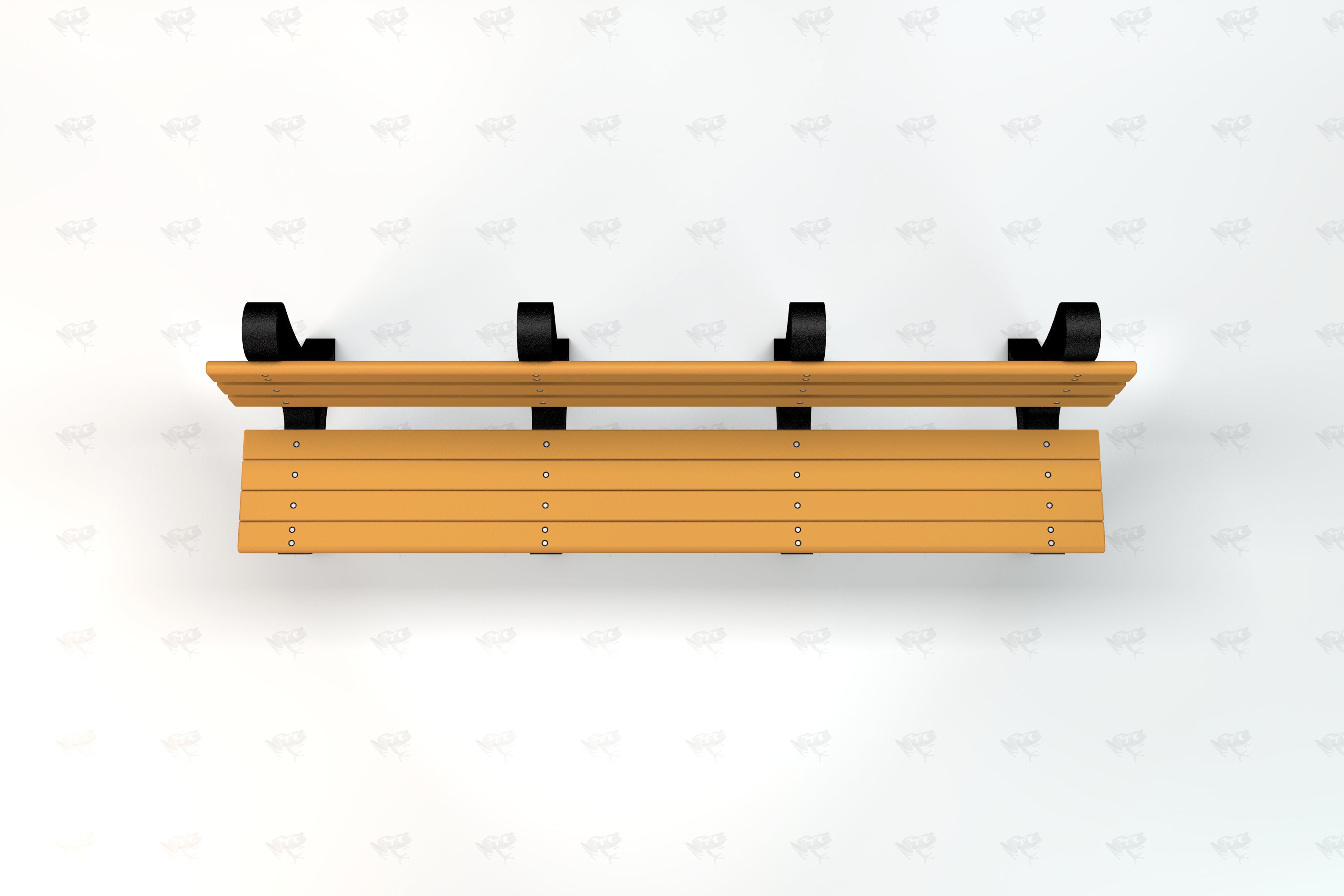 Overhead view of a recycled plastic park bench with wide tan resinwood slats and black aluminum supports