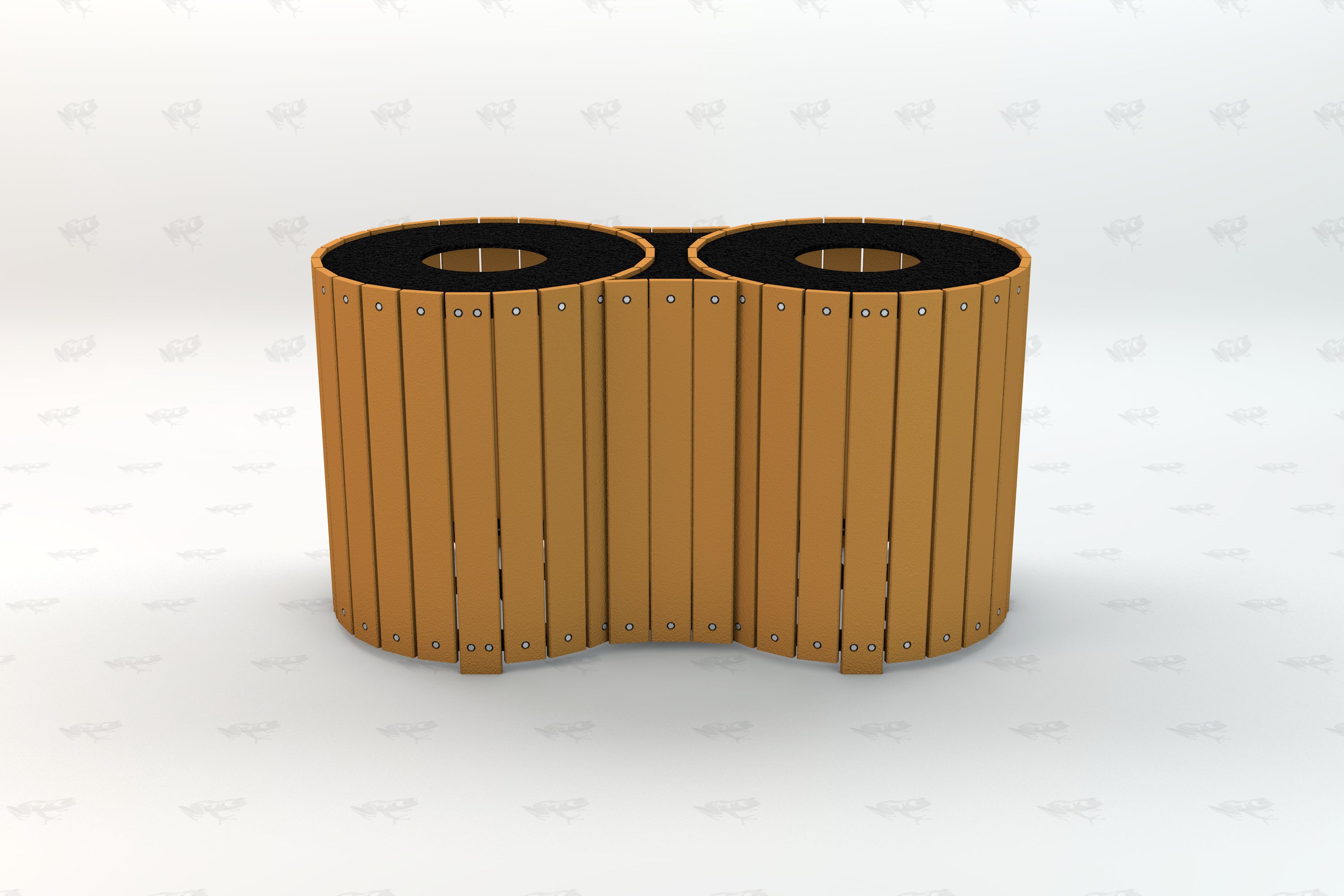 Outdoor dual recycling bin with vertical wooden slats and black circular openings for waste sorting