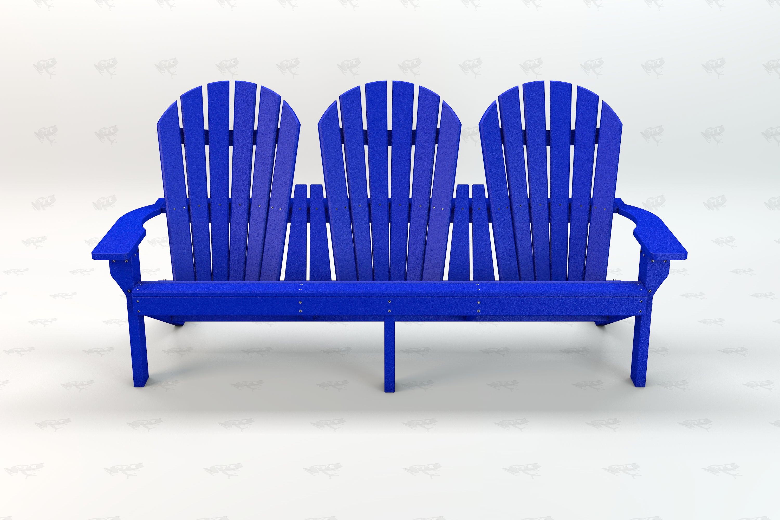 Blue recycled plastic Adirondack bench with three seats and armrests, classic outdoor garden seating design