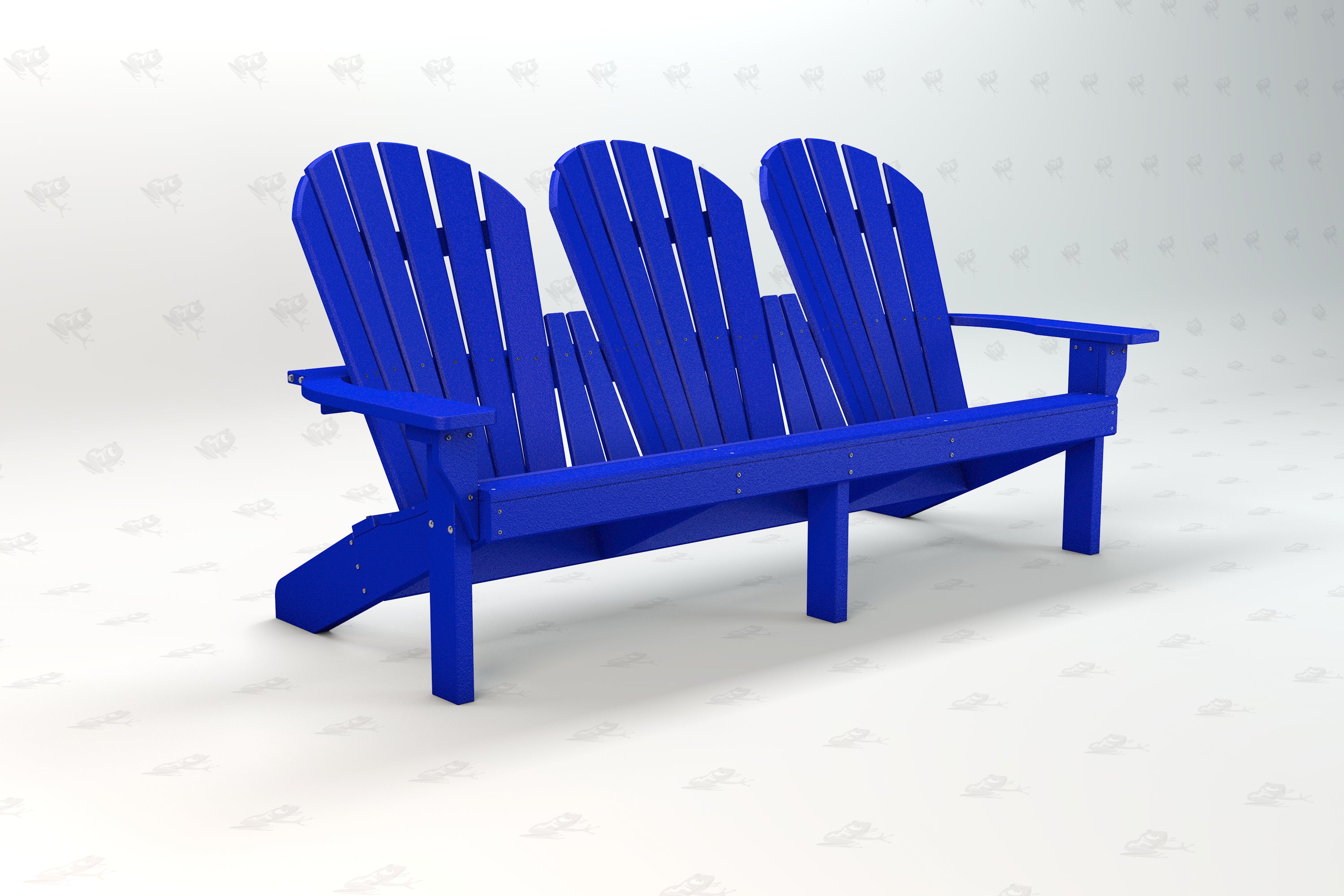 Blue recycled plastic Adirondack bench with three slatted seats and armrests, angled view.