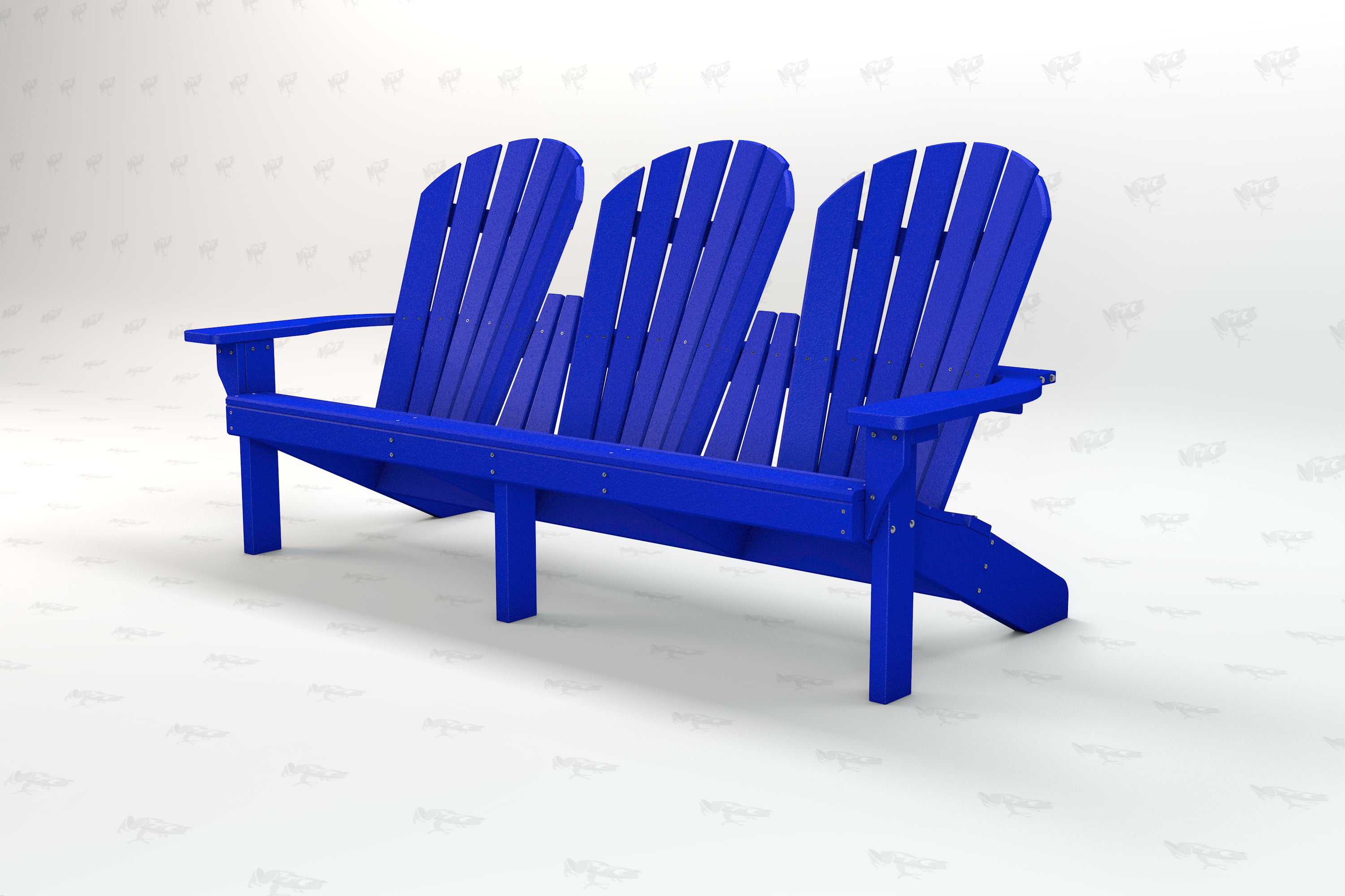 Blue recycled plastic Adirondack bench with three contoured seats and armrests, angled view.
