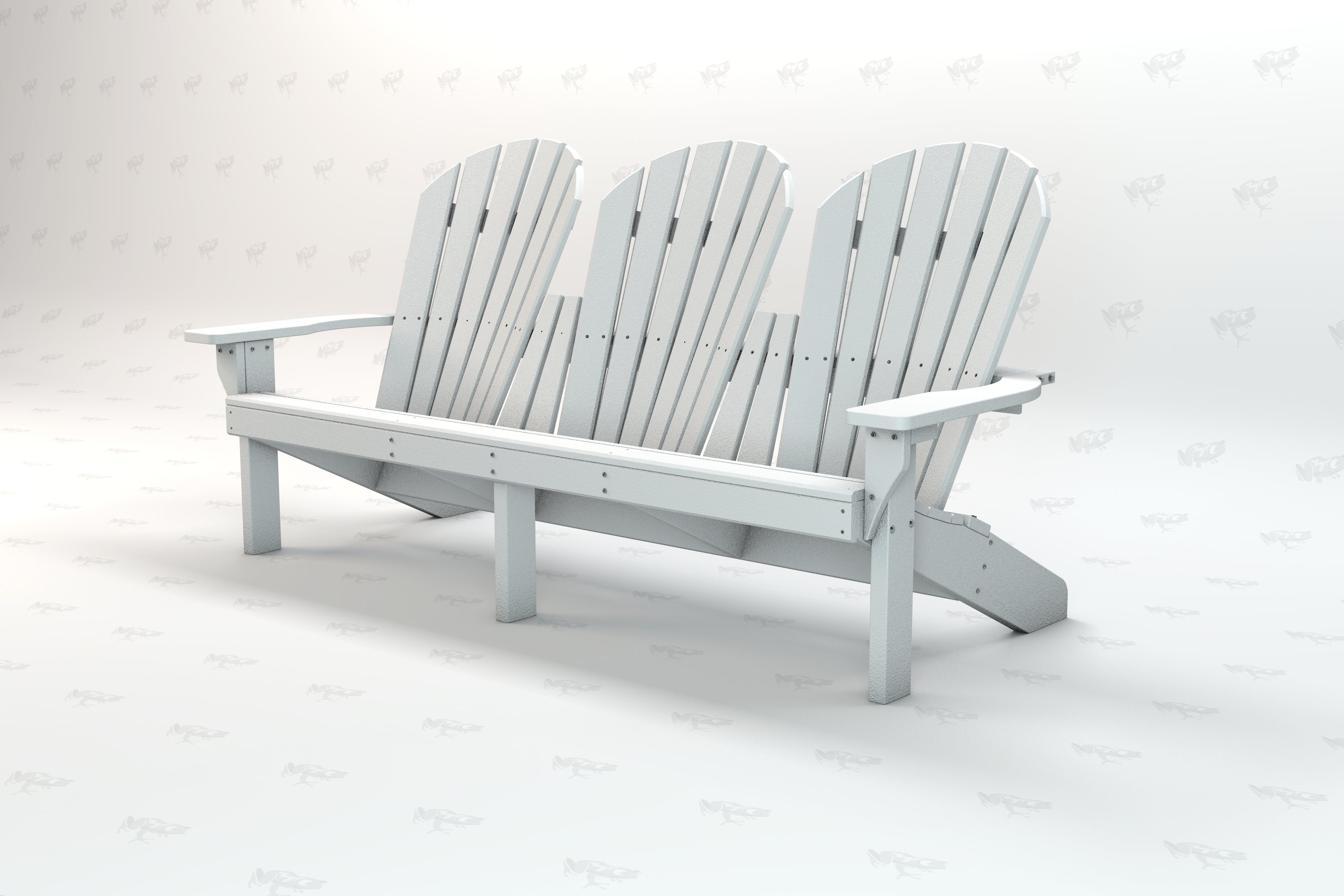 White recycled plastic Adirondack bench with three seats and armrests, classic outdoor design for garden or patio seating.