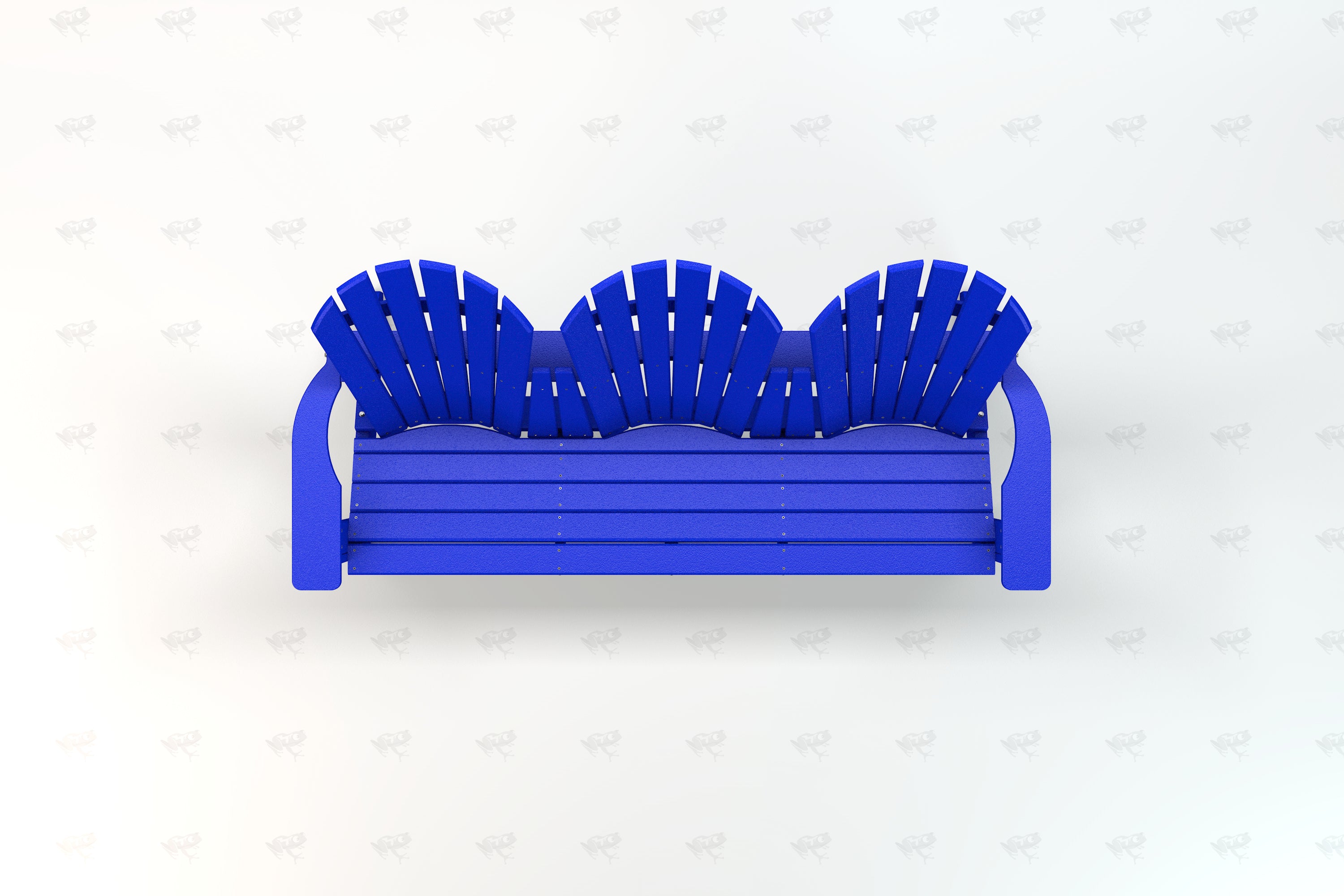 Overhead view of a blue recycled plastic Adirondack bench with three fan-shaped backrests and armrests
